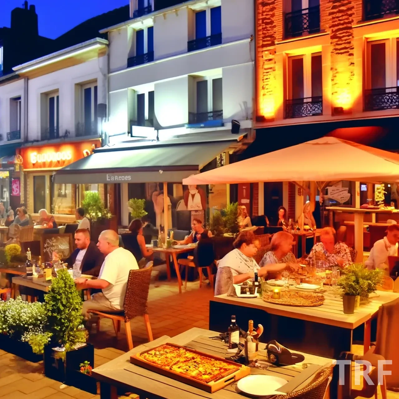 Scène animée de restaurants à Villeneuve d'Ascq, avec des plats variés et une ambiance chaleureuse en terrasse.