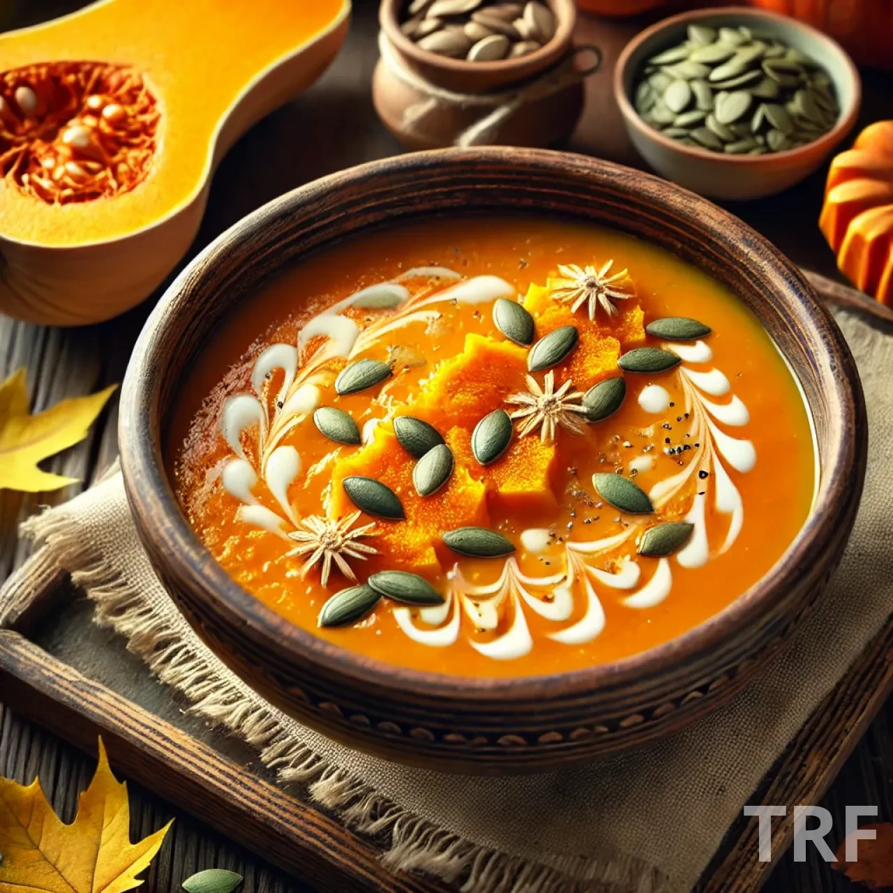 Un bol fumant de soupe à la courge butternut, décoré avec des graines de courge et un filet de crème pour une touche gourmande.