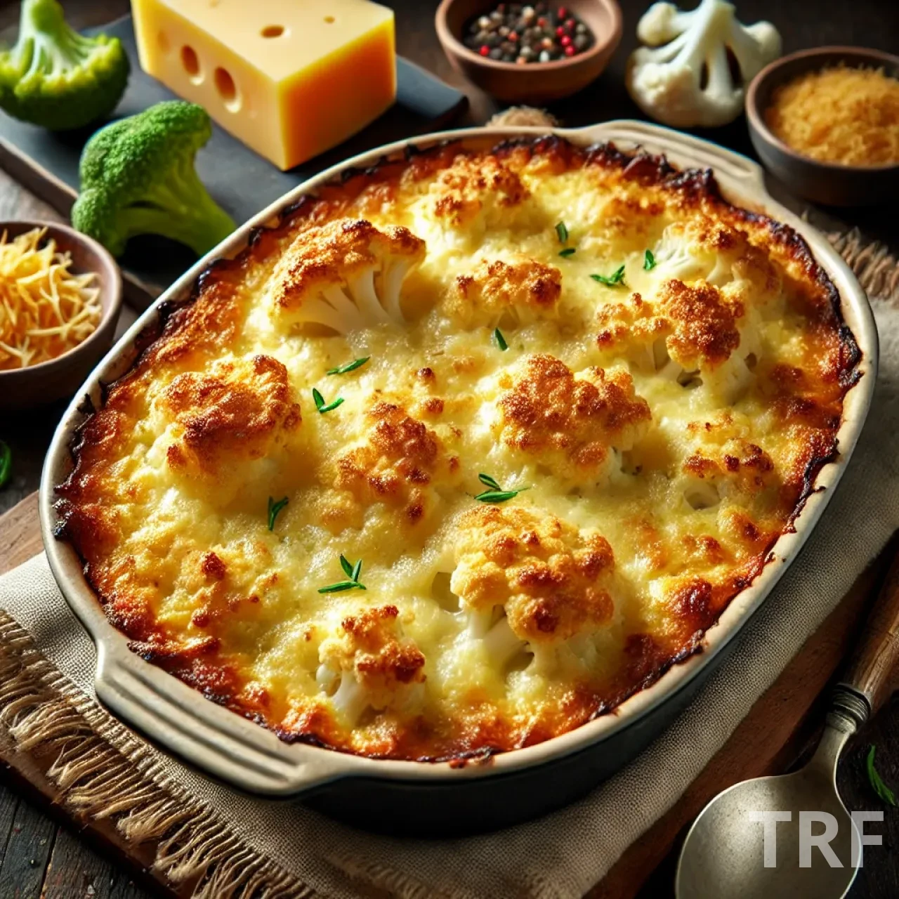 Un gratin de chou-fleur parfaitement doré, prêt à être dégusté. La croûte de fromage est croustillante et appétissante.