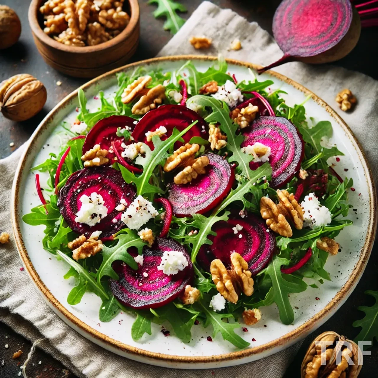 Une salade colorée et gourmande de betterave et chèvre frais, mise en valeur par un lit de roquette.