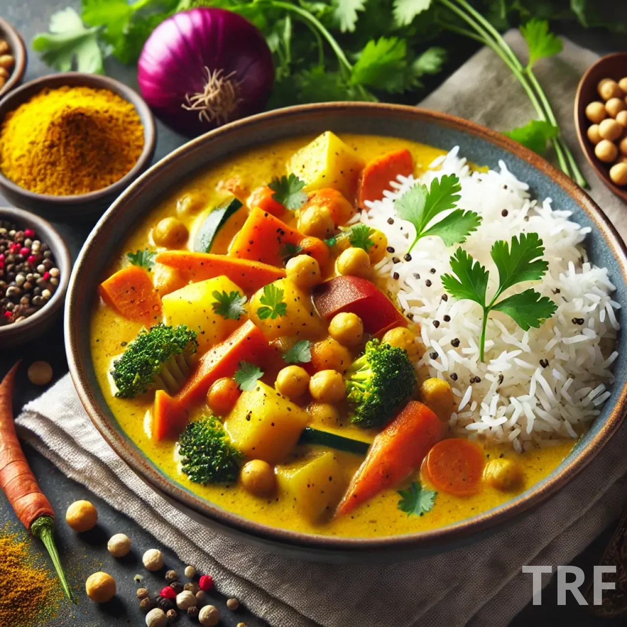 Un curry végétarien coloré avec des légumes de saison, garni de coriandre fraîche.