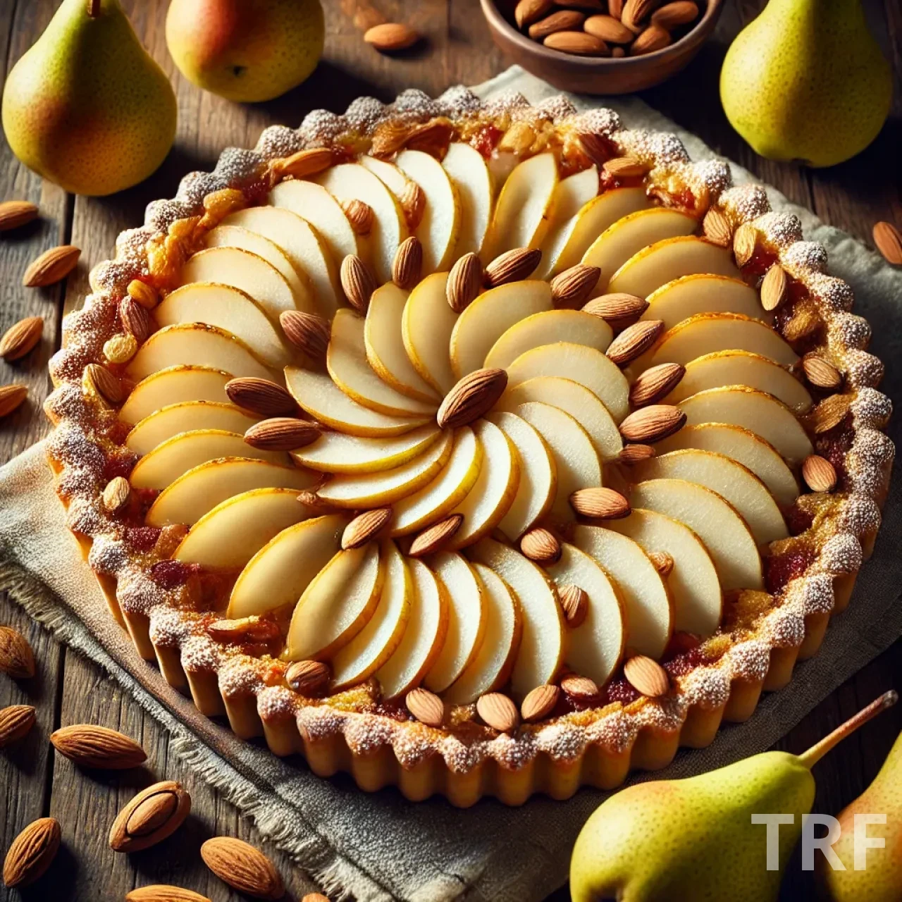 Une tarte aux poires délicatement dorée, prête à être servie pour un dessert gourmand de saison.