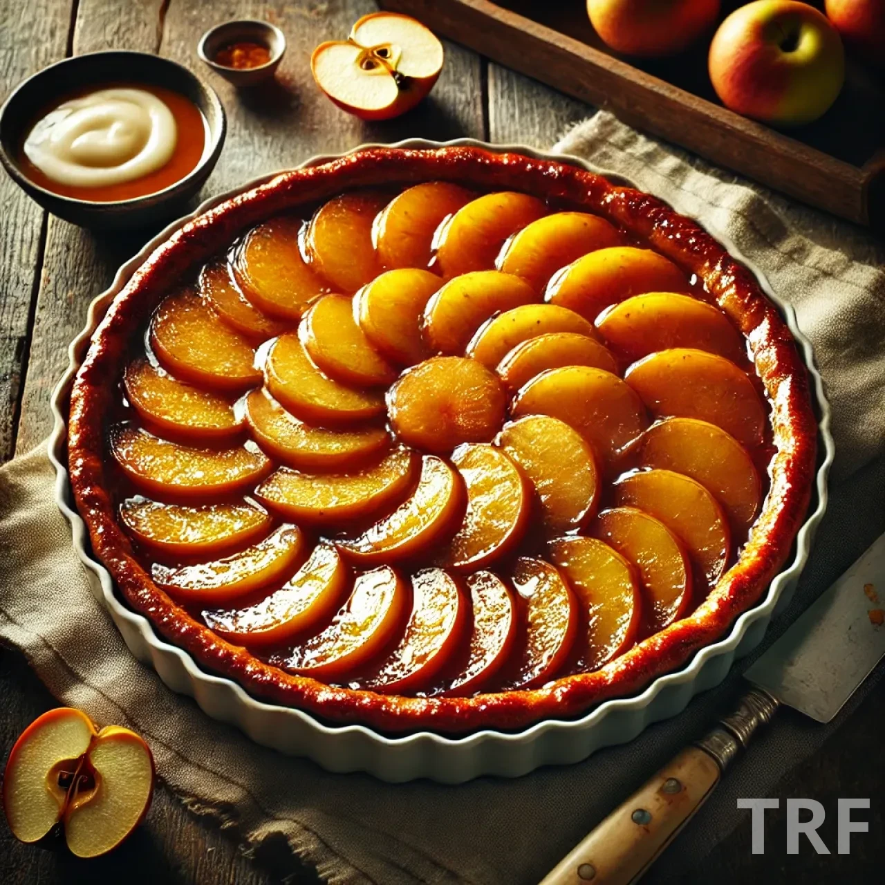 Tarte Tatin aux pommes caramélisées avec une pâte dorée et croustillante, posée sur une table en bois rustique. Un dessert français classique présenté avec une touche d'élégance.