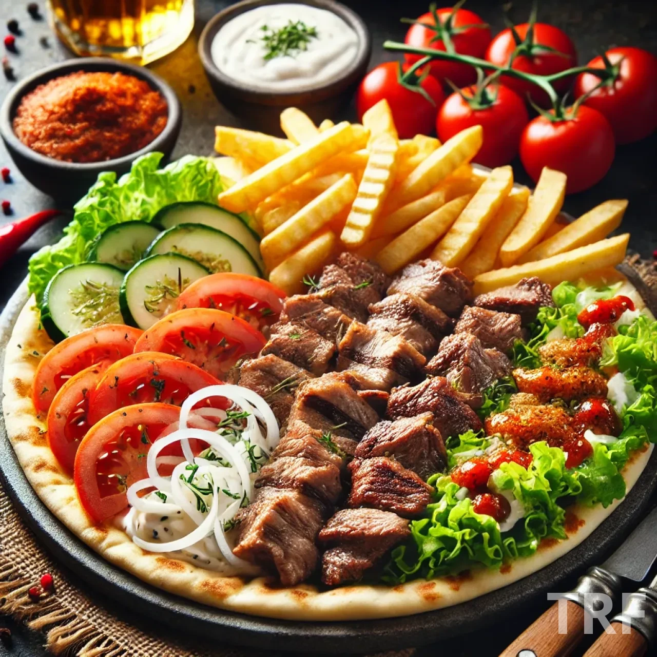 Kebab servi avec galette, faluche, viande grillée, légumes frais et accompagnements de frites, sauce blanche et harissa dans une assiette. Présentation rustique et conviviale.