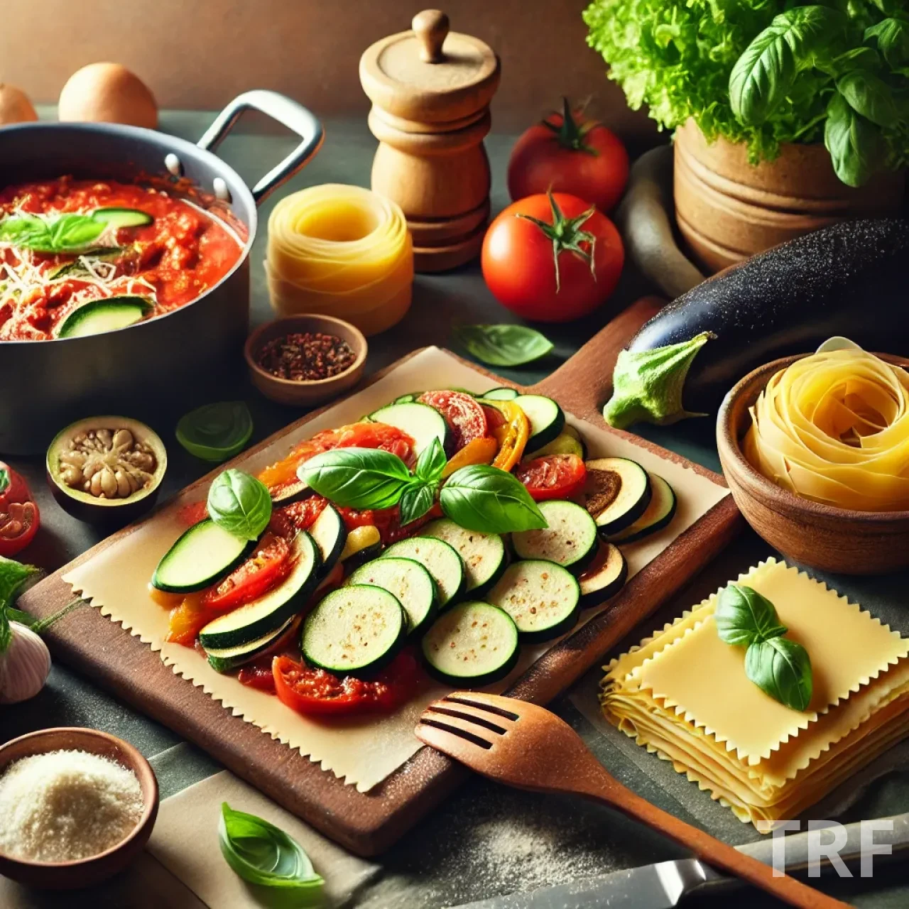 Préparation de lasagnes végétariennes en cuisine, avec légumes frais comme courgette, aubergine et poivron tranchés et sautés dans une poêle, sauce tomate mijotant, feuilles de lasagnes prêtes à assembler, basilic frais et fromage râpé.