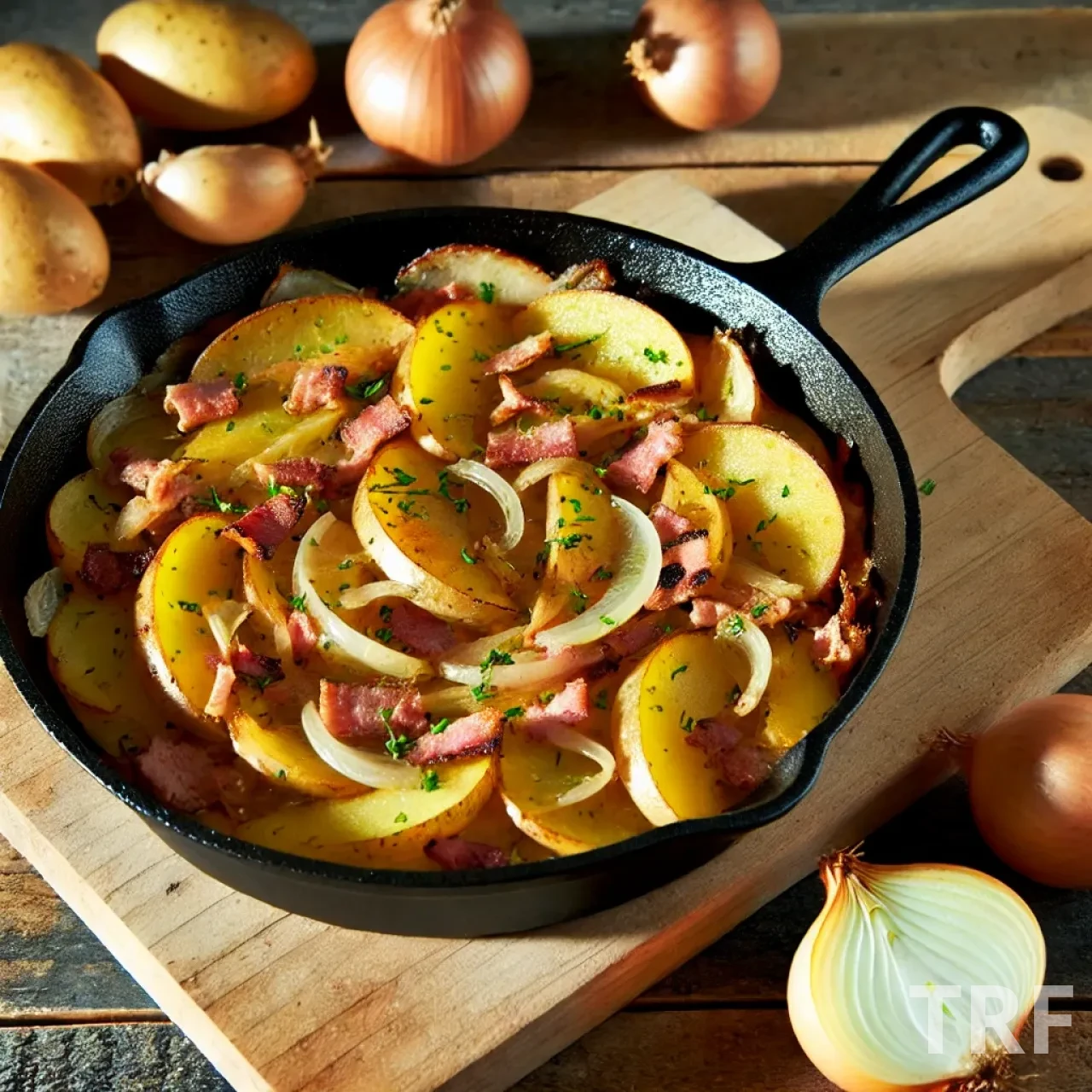 Image d'un plat rustique français appelé 'plat du pauvre', composé de pommes de terre, oignons, et lardons dorés, cuits ensemble dans une poêle en fonte. Le plat est présenté sur une table en bois, entouré de légumes frais et d'herbes, offrant une ambiance chaleureuse et authentique.