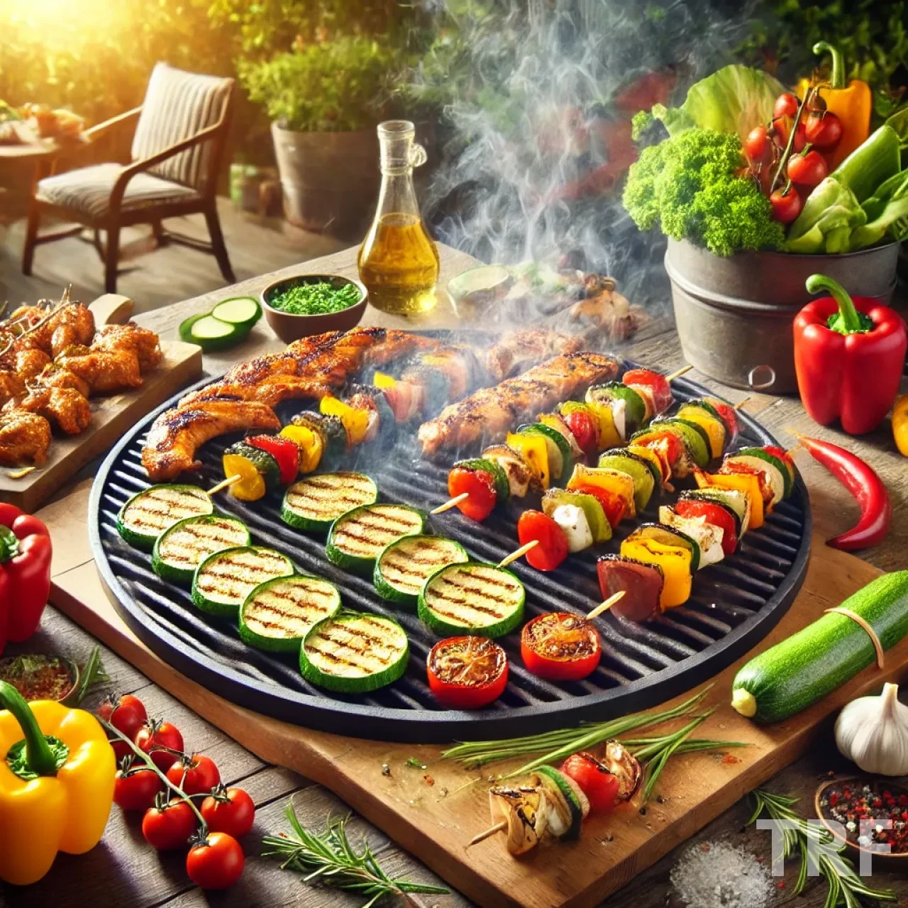 Scène de cuisson à la plancha en plein air avec des légumes colorés, du poisson et des brochettes de poulet, dans une atmosphère estivale et ensoleillée.