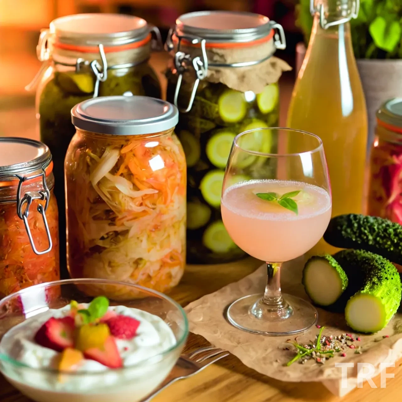 Sélection de plats fermentés maison comprenant des pots de kimchi, choucroute, légumes marinés, un verre de kombucha, et un bol de yaourt garni de fruits frais. Présentation sur une table en bois, mettant en avant des aliments colorés et sains, riches en probiotiques naturels.