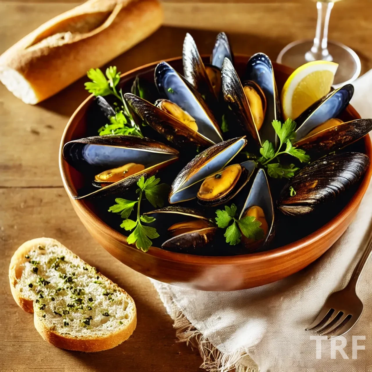 Plat de moules cuites servi dans un bol rustique, garni de fines herbes fraîches et d'une tranche de citron. Les moules ouvertes révèlent leur chair jaune-orange. Accompagné de pain croustillant et d'un verre de vin blanc sur une table en bois, créant une ambiance chaleureuse et conviviale