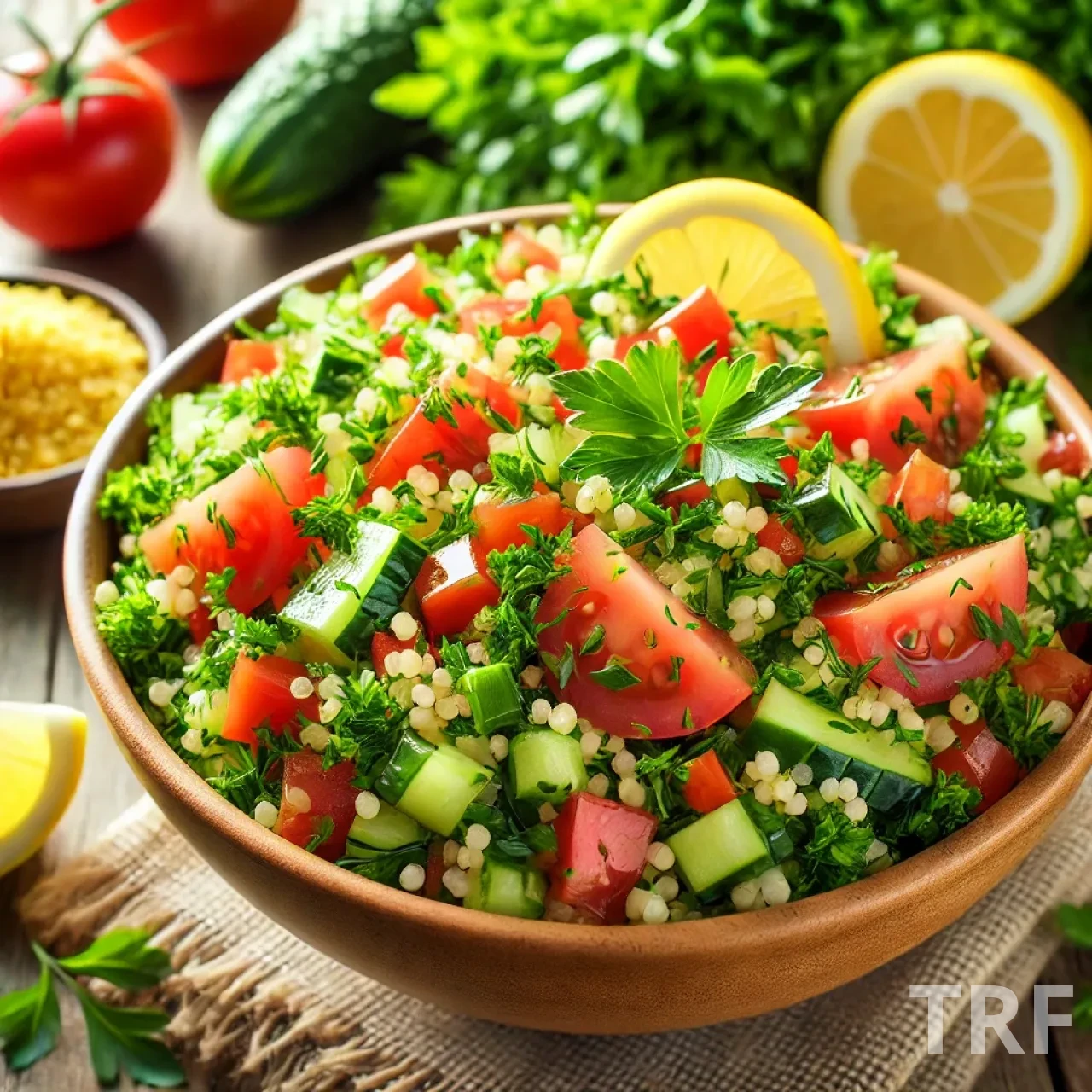 Bol de taboulé frais et coloré sur une table en bois rustique, comprenant du persil finement haché, des tomates rouges, des concombres croquants, du boulgour, du jus de citron et de l'huile d'olive, avec une rondelle de citron sur le côté.