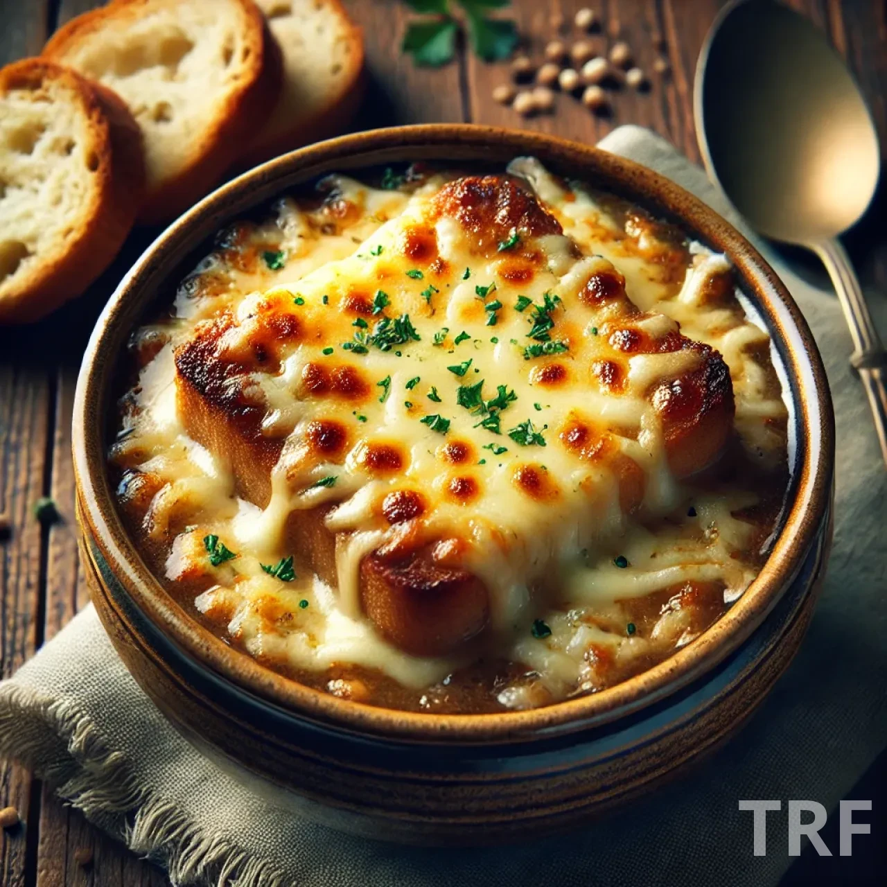 Bol de soupe à l'oignon gratinée, garnie de fromage fondu et de croûtons dorés, servie sur une table en bois pour une ambiance chaleureuse.