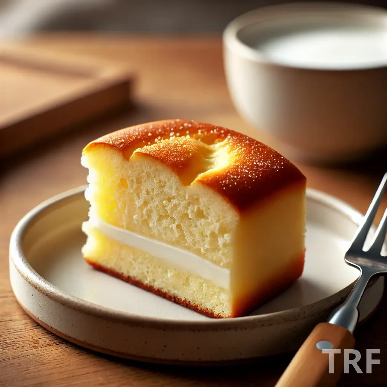 Part de gâteau au yaourt servie sur une petite assiette, montrant une texture moelleuse à l'intérieur et une croûte dorée, avec une fourchette à côté sur une table en bois.