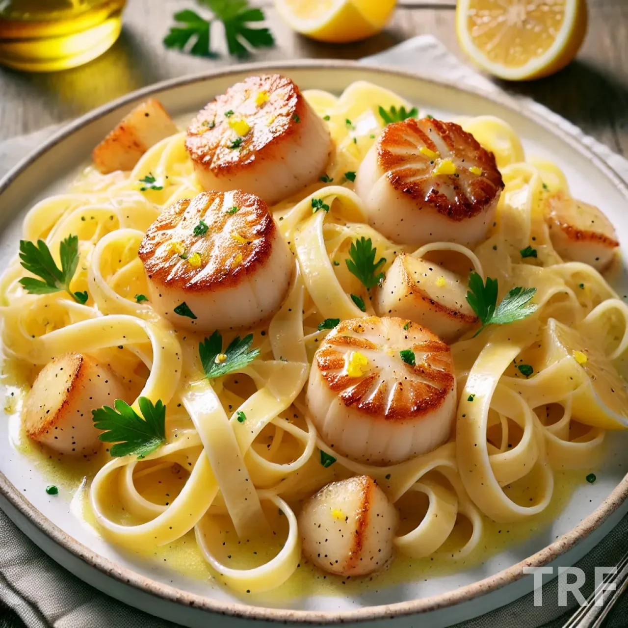 Assiette élégante de tagliatelles aux noix de Saint-Jacques dorées, nappées de sauce crémeuse au citron, garnie de zestes de citron et de persil frais.