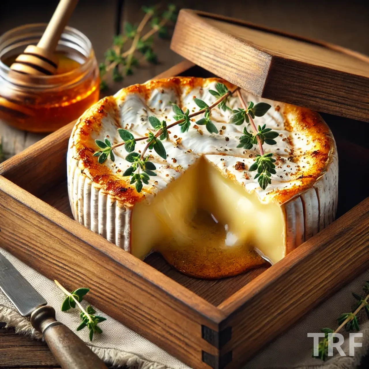 Camembert rôti dans sa boîte en bois, fondu et garni d'herbes et d'un filet de miel, prêt à être dégusté.