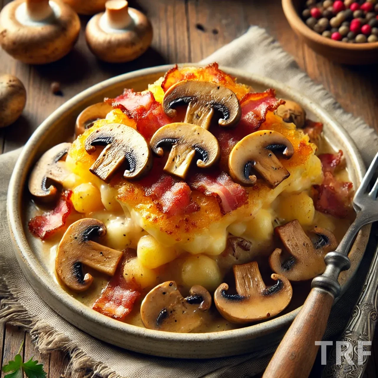 Portion de raclette Croziflette aux champignons servie sur une assiette rustique, avec crozets, lardons, champignons et fromage à raclette fondu, accompagnée d'herbes fraîches.