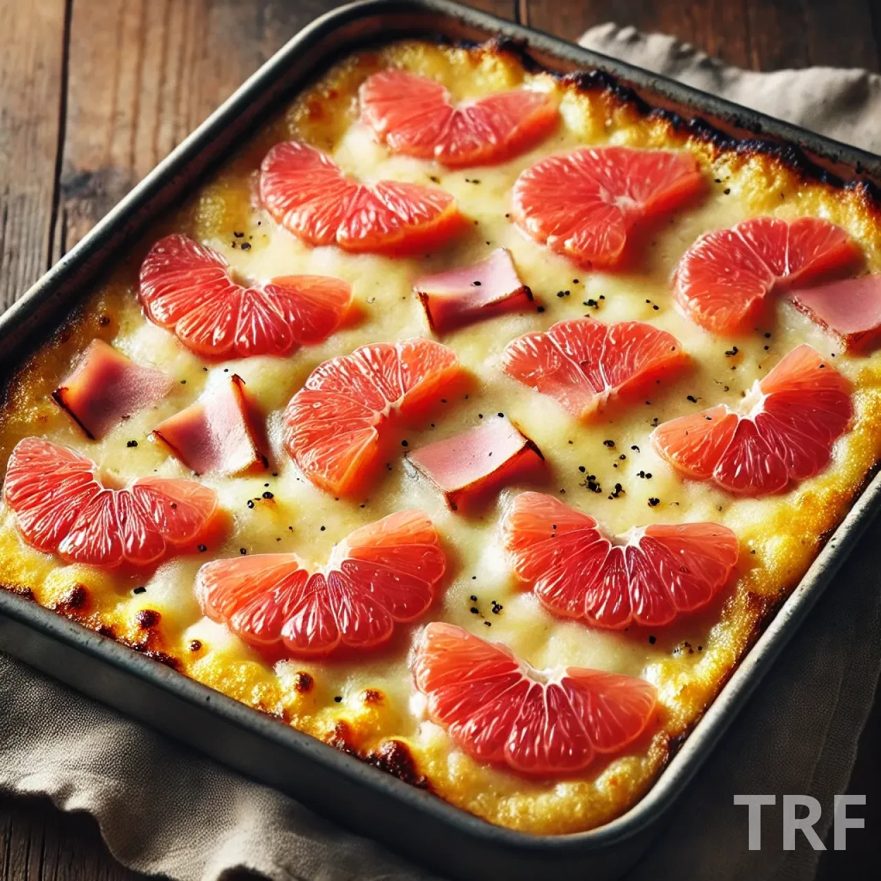 Gratin de raclette au pomelo, sorti du four dans un plat à gratin, avec fromage fondu doré, quartiers de pomelo rose, et tranches de jambon.