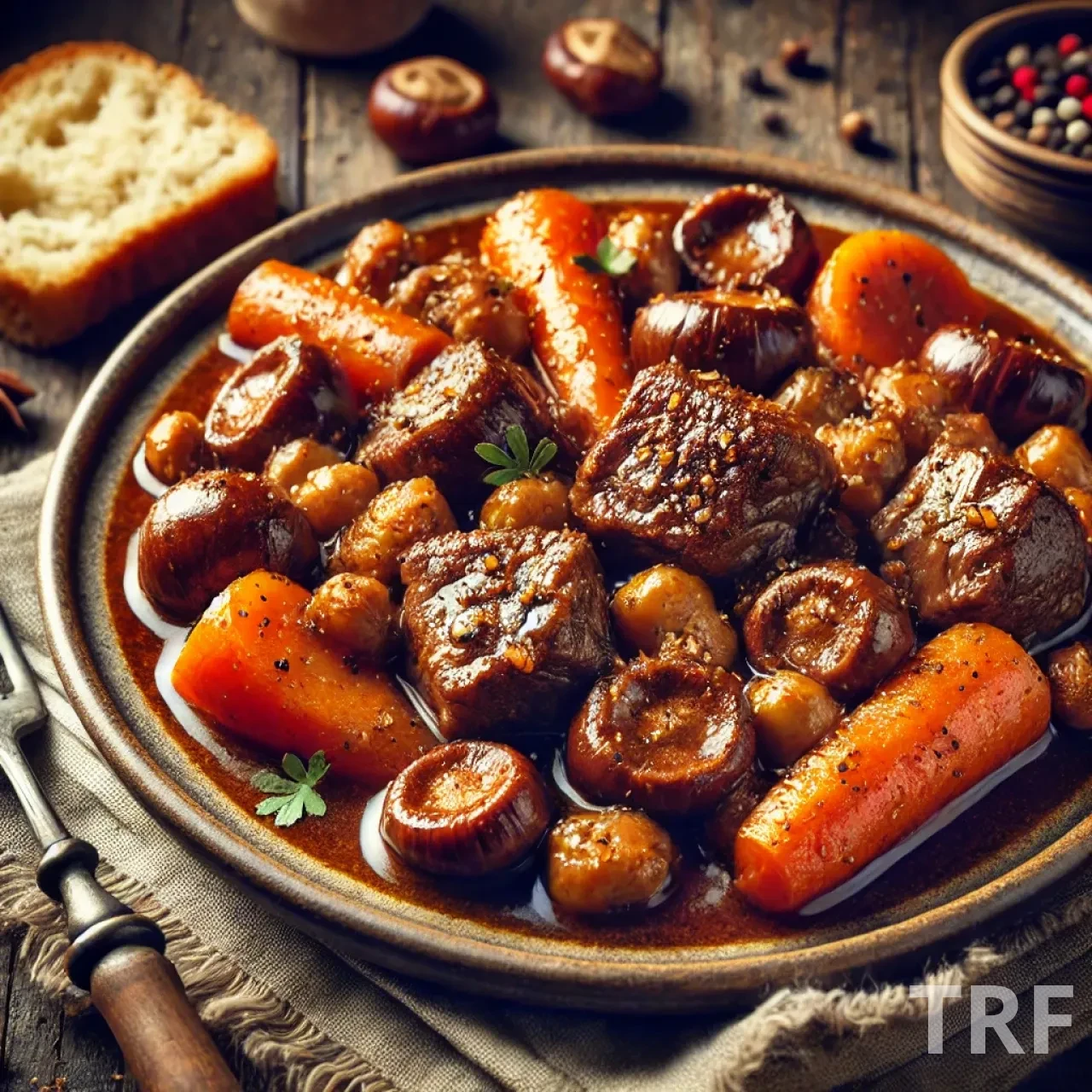 Portion de daube d'agneau aux marrons servie dans une assiette rustique, accompagnée de pain, avec des morceaux de viande tendre, carottes et marrons nappés d'une sauce riche.