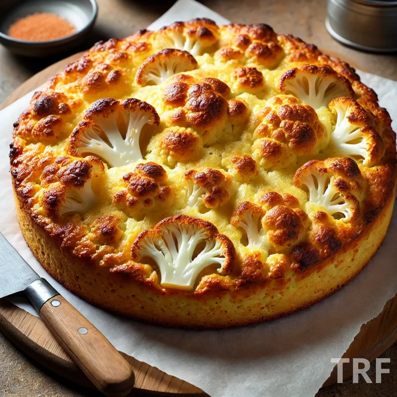 Gâteau au chou-fleur et à la mimolette fraîchement cuit, doré et croustillant sur les bords, posé sur une planche en bois dans une cuisine rustique.