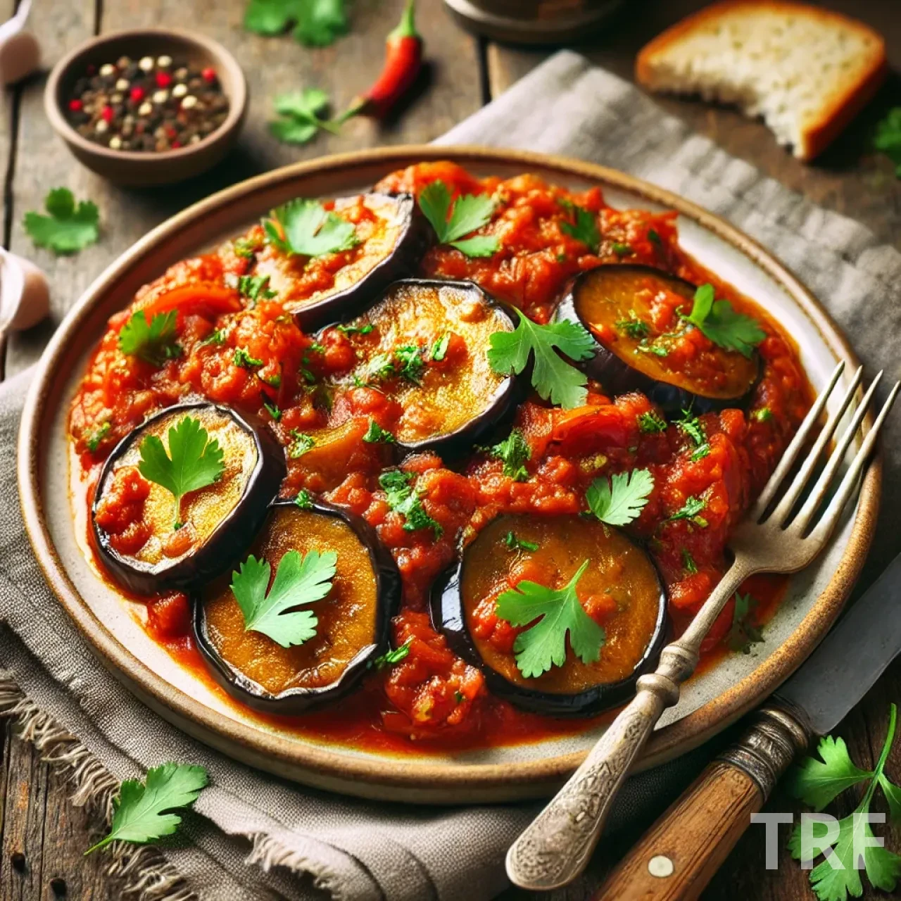 Assiette de service avec des aubergines épicées dans une sauce tomate riche, garnies de feuilles de coriandre, accompagnée d’un morceau de pain.