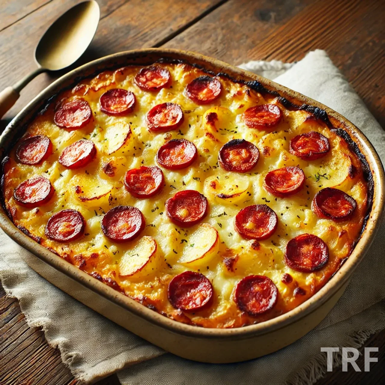 Gratin rustique de pommes de terre au chorizo, doré et croustillant, dans un plat en céramique, prêt à être servi.