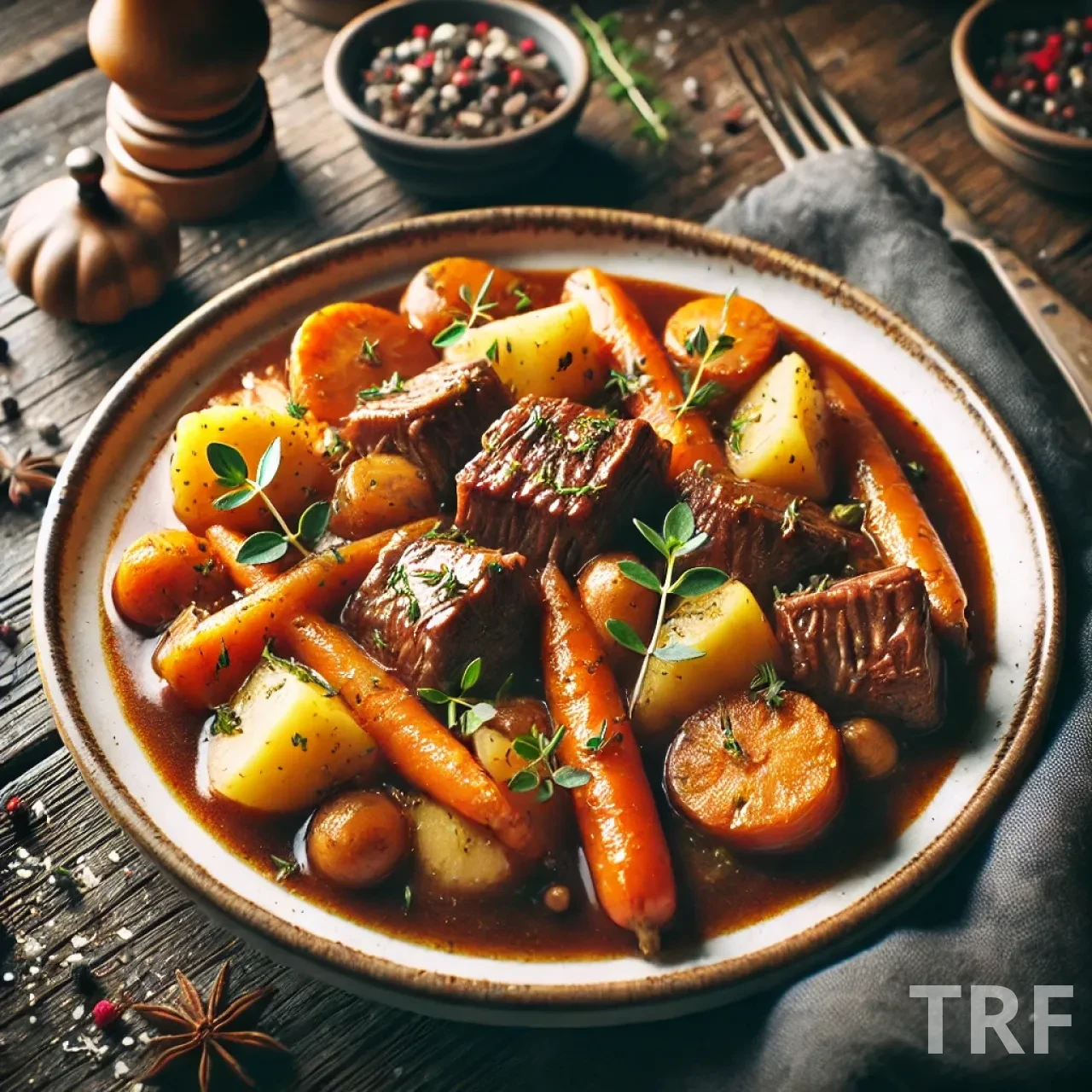 Assiette de ragoût de bœuf aux légumes racines, avec morceaux de viande fondante, légumes variés, et sauce riche, prête à être dégustée.