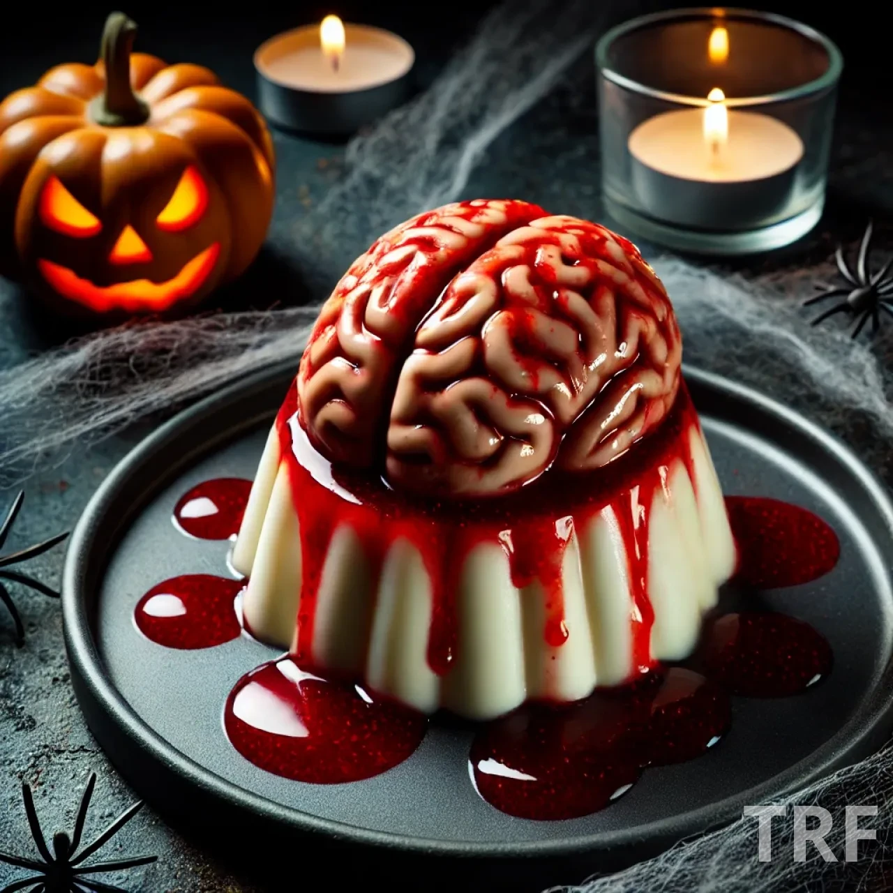 Panna cotta moulée en forme de cerveau, recouverte de coulis de fruits rouges pour un dessert effrayant lors d'une soirée d'Halloween.