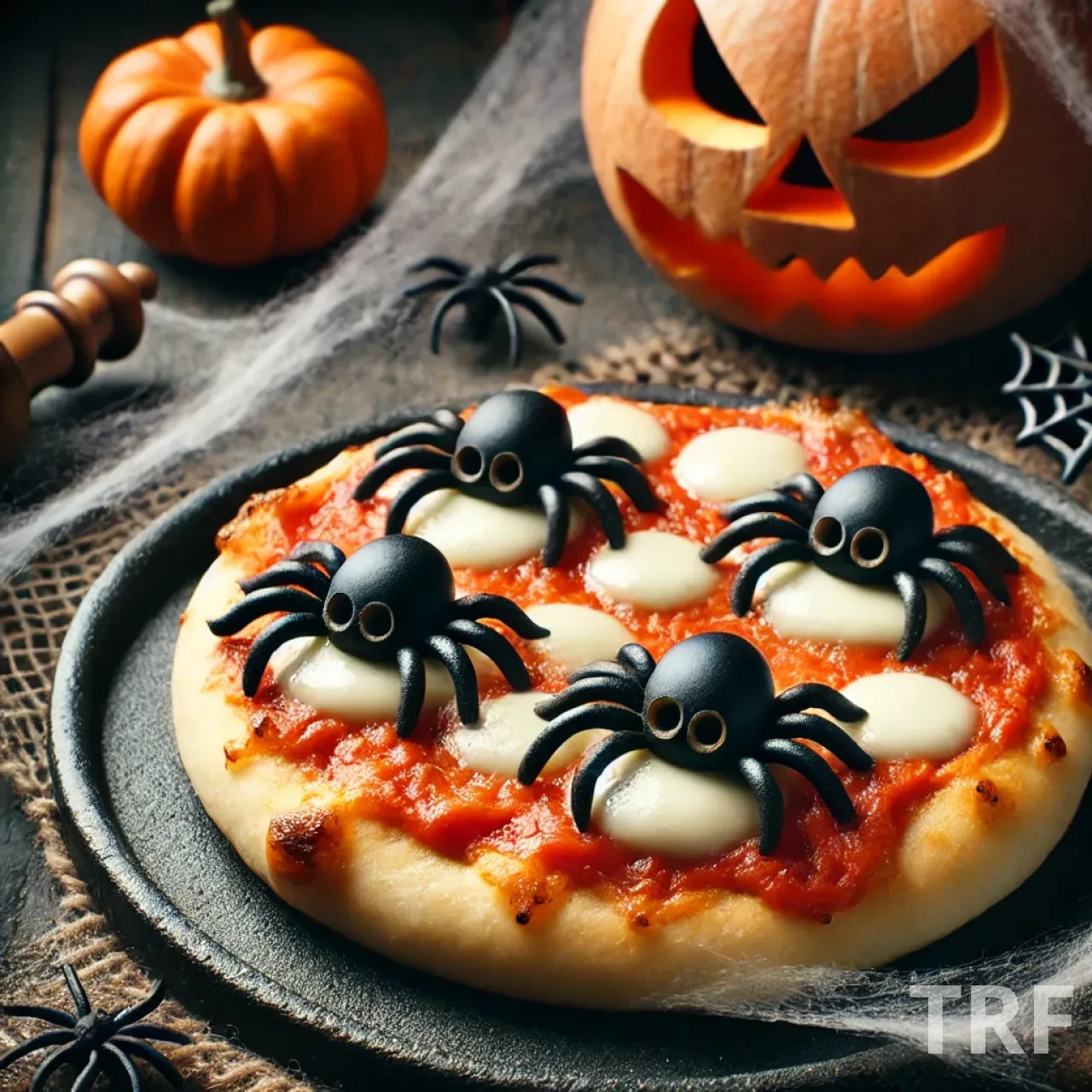 Mini pizza à la sauce tomate et mozzarella, décorée avec des olives noires formant des araignées effrayantes pour Halloween.