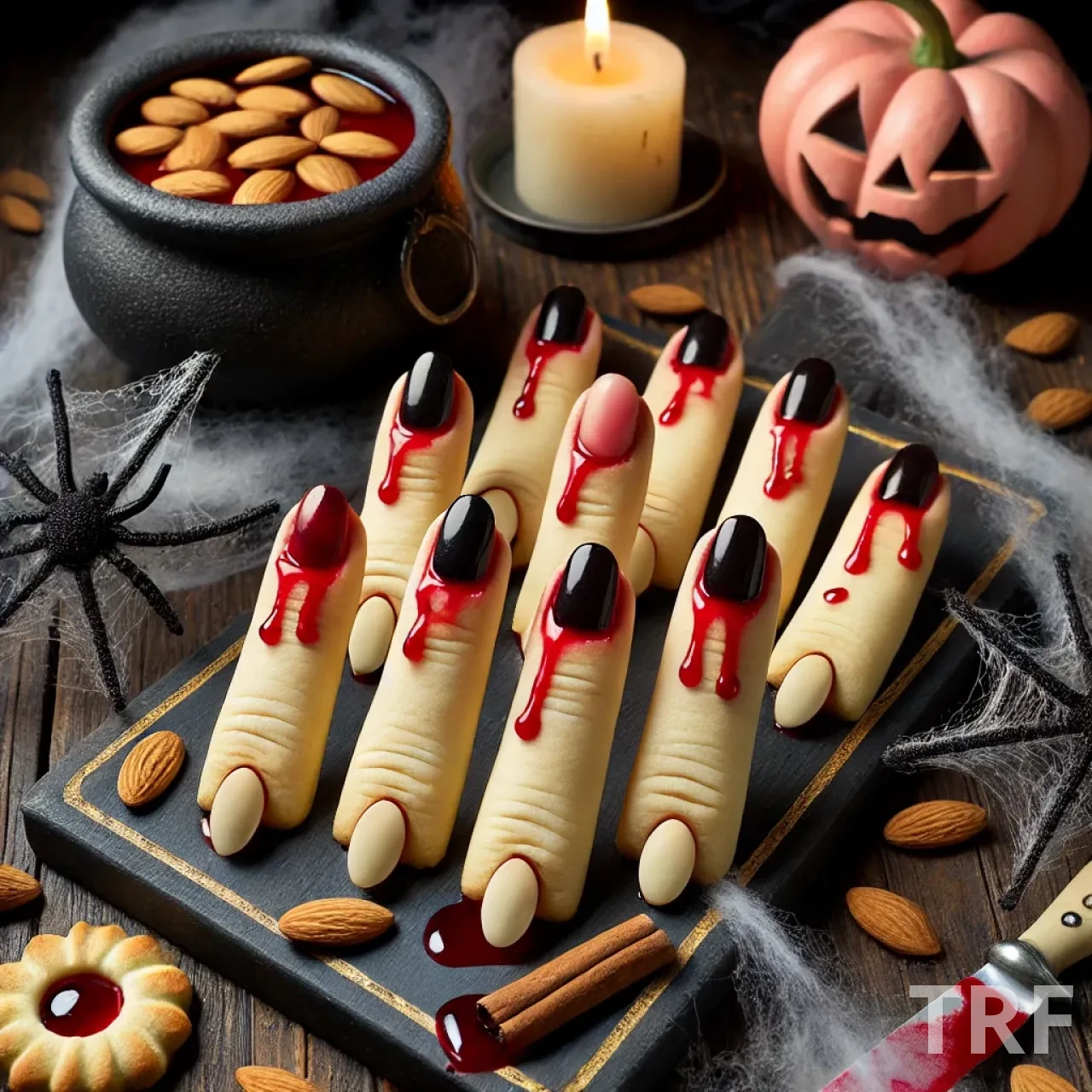 Biscuits en forme de doigts de sorcière croquants avec des ongles en amandes et du coulis de framboises pour un effet sanglant effrayant.