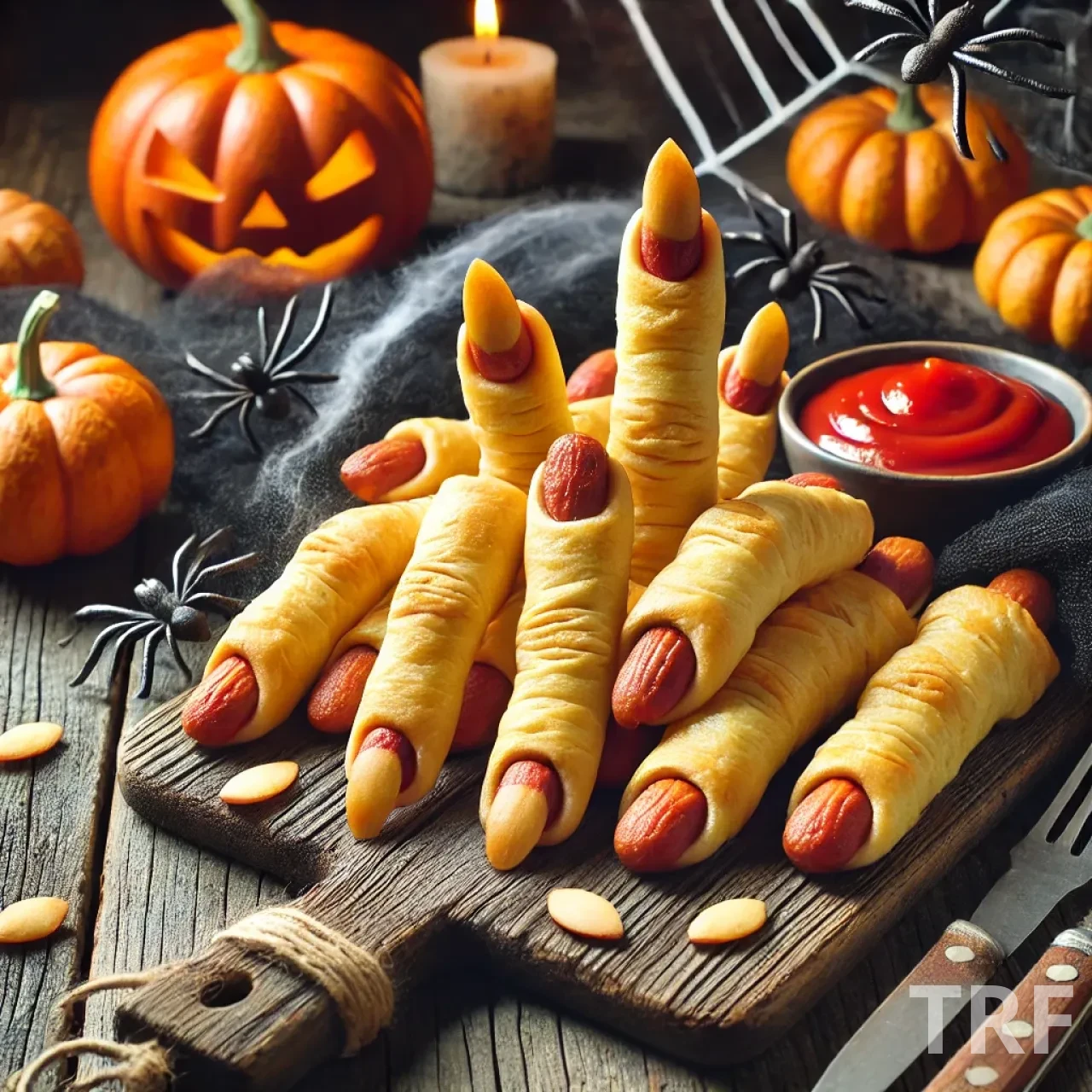 Snacks d'Halloween en forme de doigts de sorcière, faits de pâte feuilletée enroulée autour de petites saucisses avec des amandes en guise d'ongles et du ketchup pour imiter du sang.