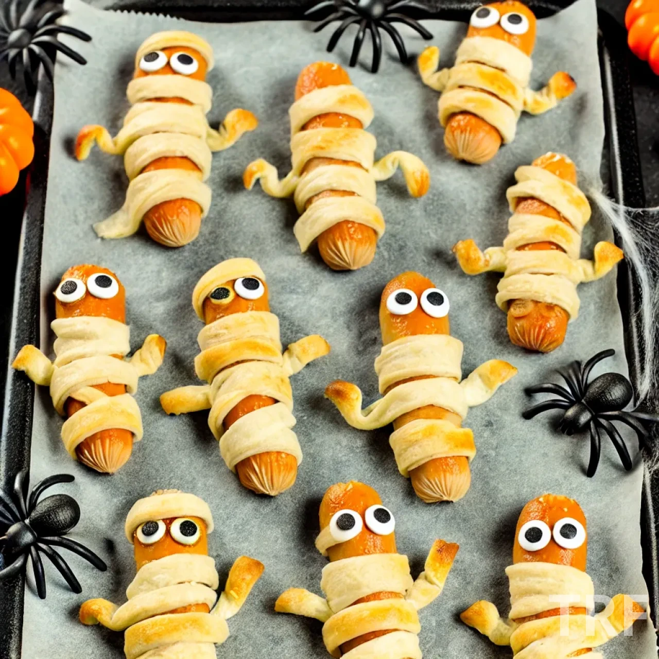 Momies feuilletées pour Halloween, des petites saucisses enveloppées de bandes de pâte feuilletée avec des graines de sésame ou de la moutarde pour représenter les yeux, sur un fond sombre.