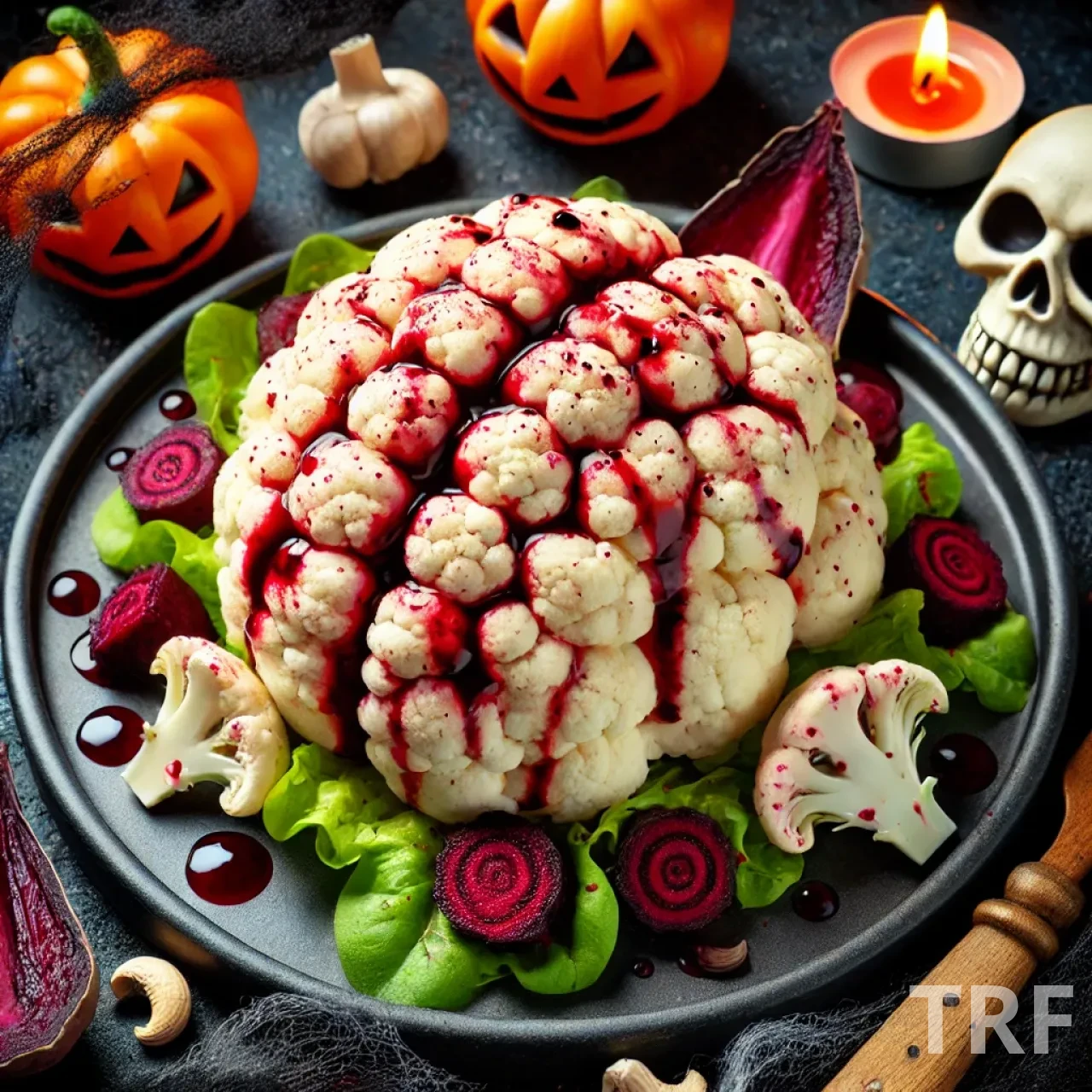 Salade de chou-fleur ressemblant à un cerveau, garnie de betteraves pour un effet sanglant, présentée sur une assiette noire avec des décorations sur le thème d'Halloween.