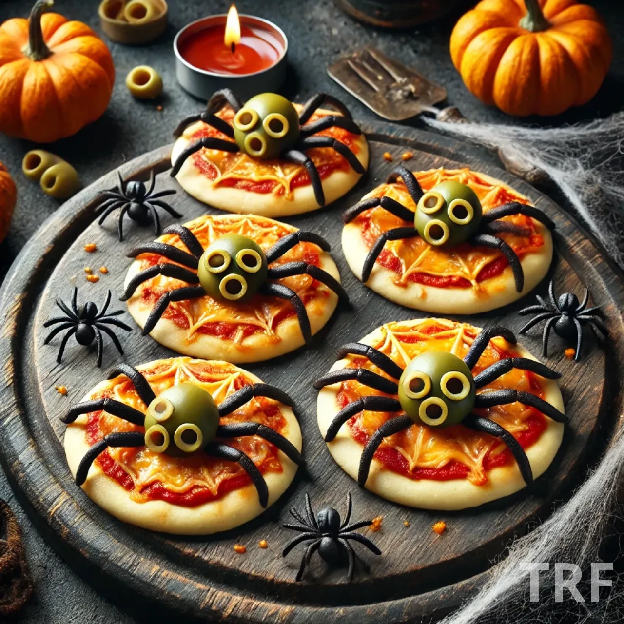 Mini-pizzas d'Halloween garnies de sauce tomate, de fromage râpé, et décorées d'olives noires formant des araignées, sur un fond sombre avec des éléments de décoration d'Halloween