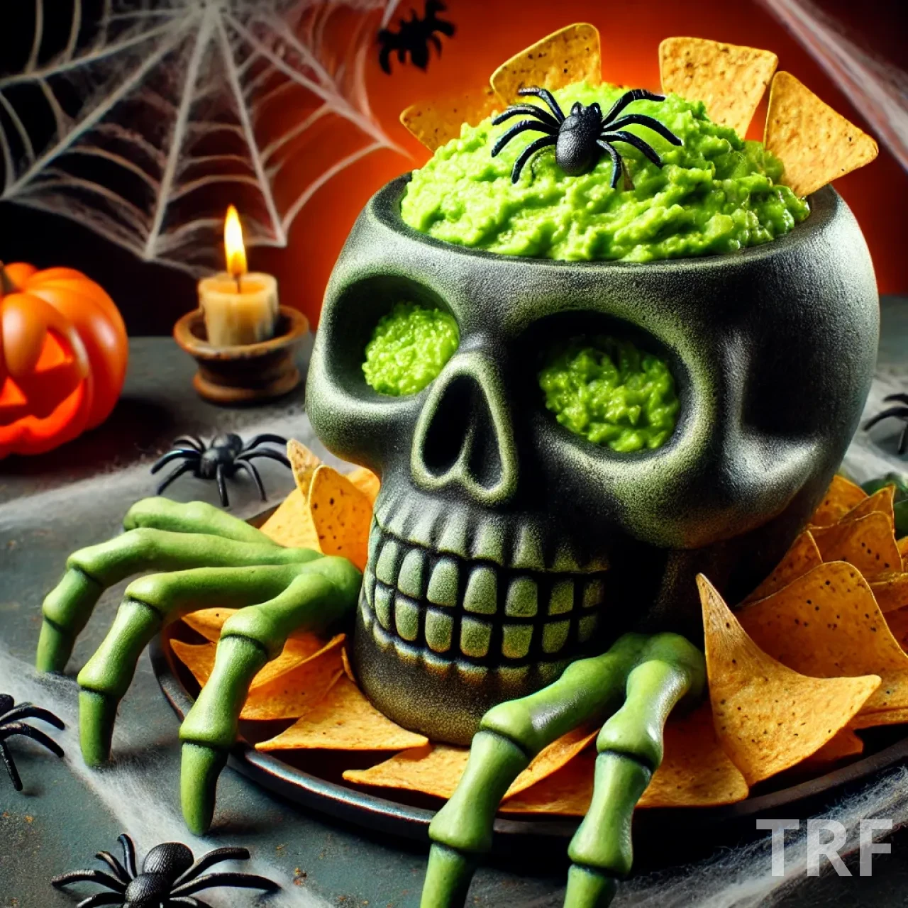 Guacamole vert vif servi dans un bol en forme de crâne pour Halloween, entouré de chips tortilla rappelant des griffes, avec des décorations effrayantes en toile de fond