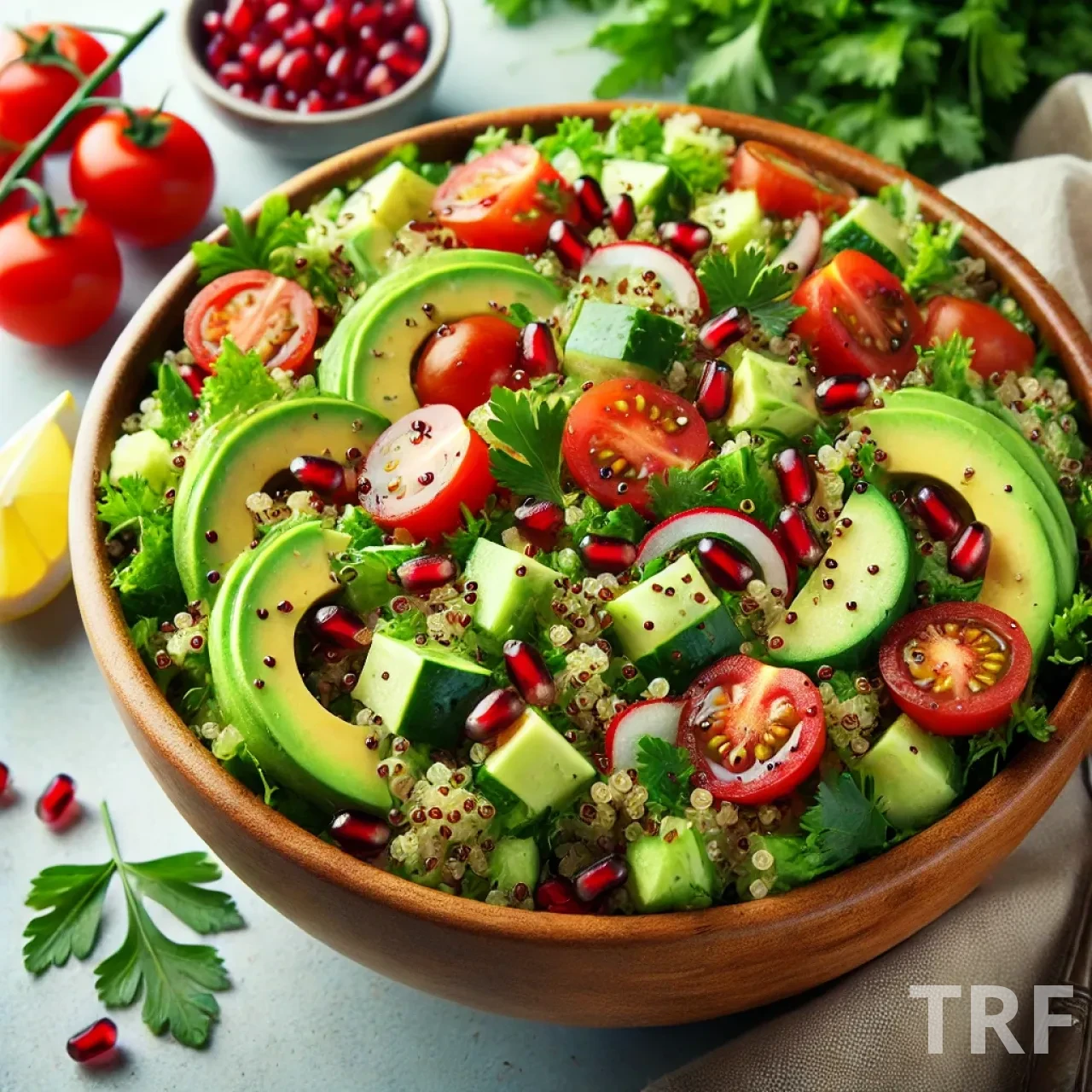 Salade de quinoa avec avocats et grenade colorée et fraîche