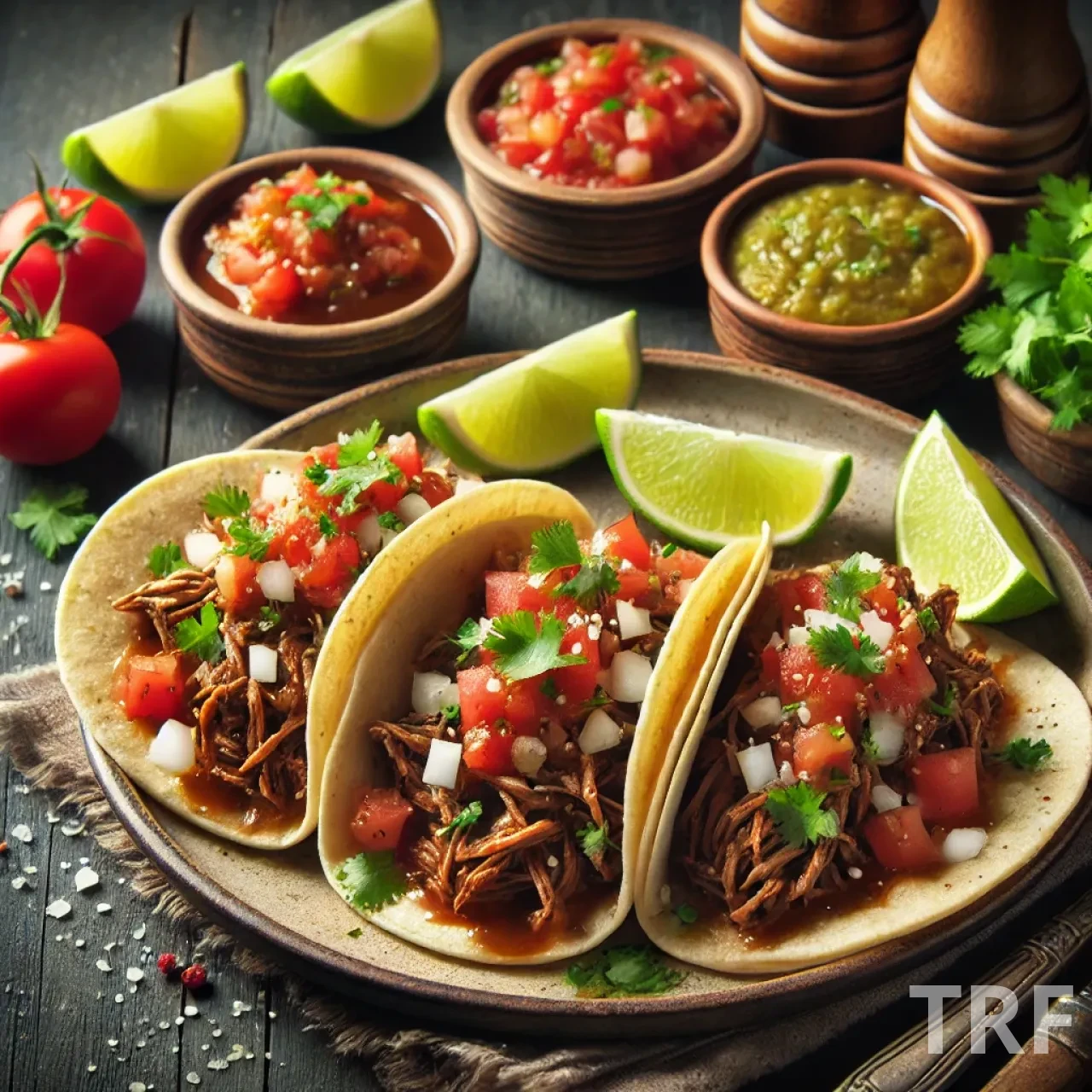 Tacos de bœuf effiloché garnis de salsa fraîche