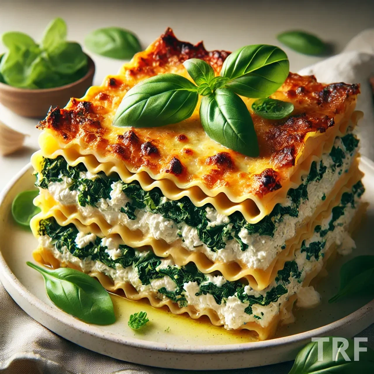 Lasagnes aux épinards et à la ricotta servies avec du basilic frais