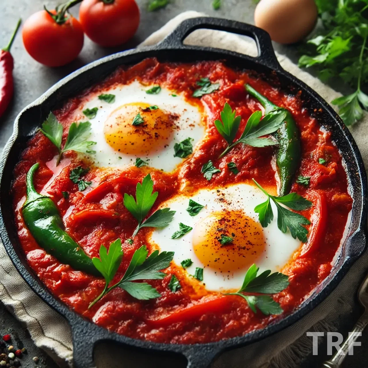 Shakshuka épicée servie dans une poêle