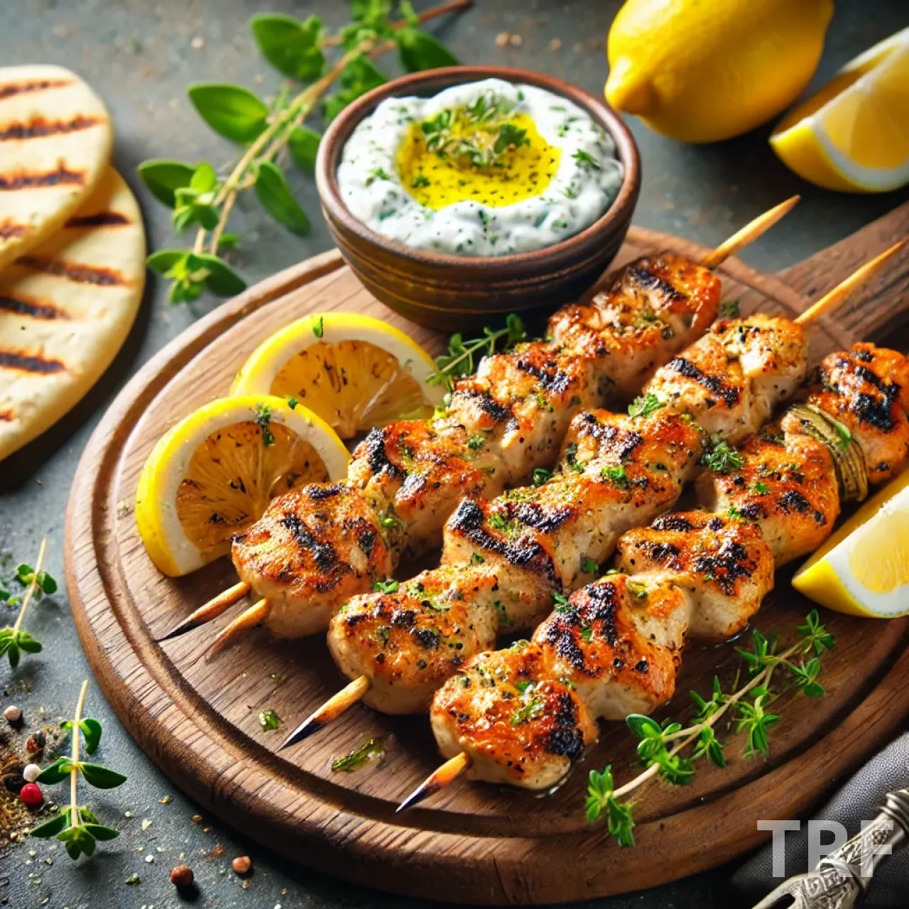 Souvlaki de poulet grillé, servi avec sauce tzatziki