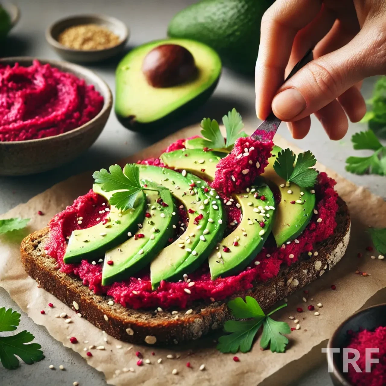 Préparation des tartines de houmous à la betterave et avocat