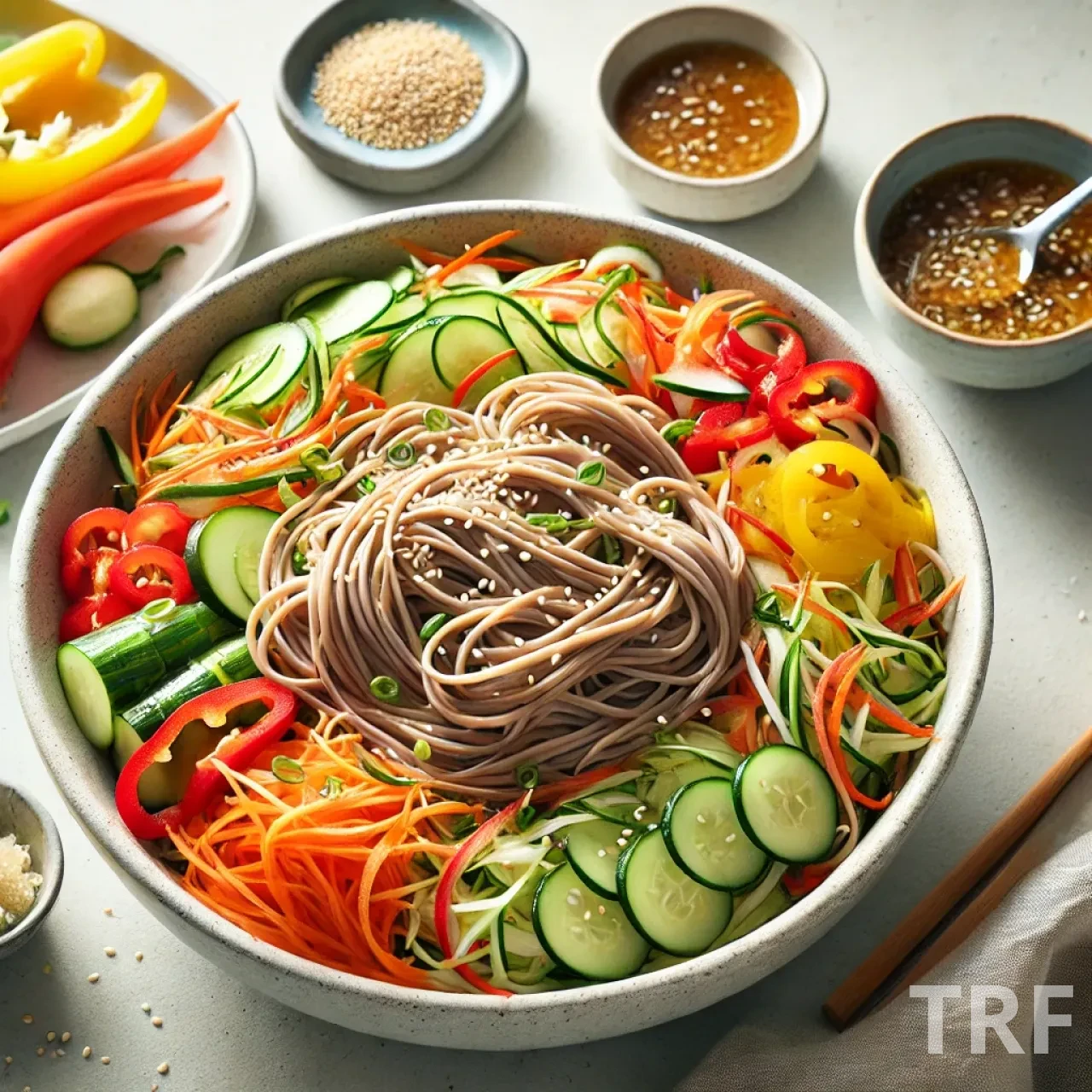 Salade de nouilles soba aux légumes et sauce miso gingembre servie