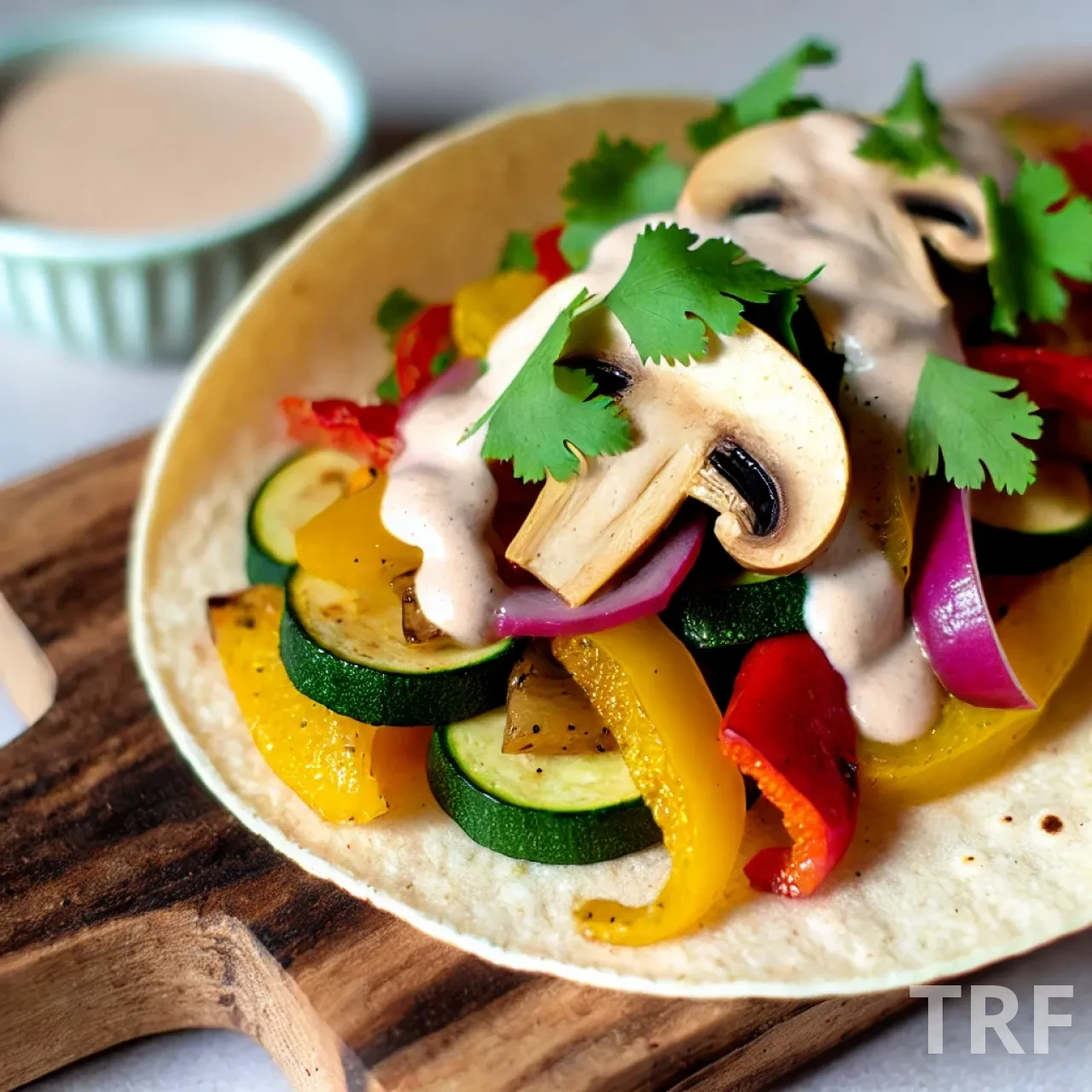 Tacos de légumes rôtis servis avec sauce cajou