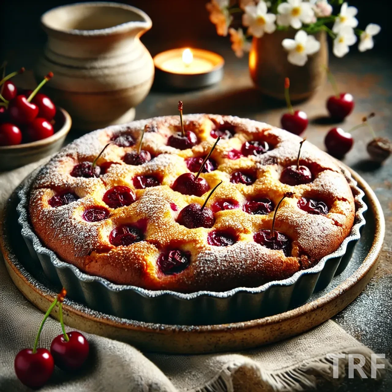 Préparation du clafoutis aux cerises dans un moule à gratin