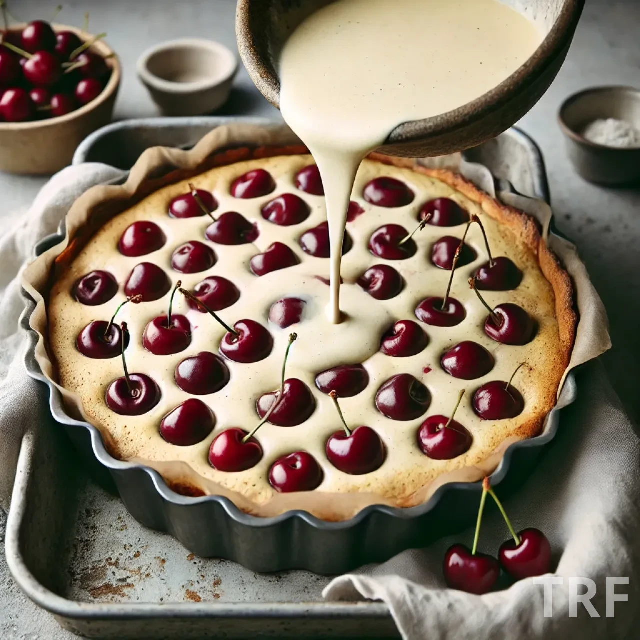 Clafoutis aux cerises servi sur une assiette