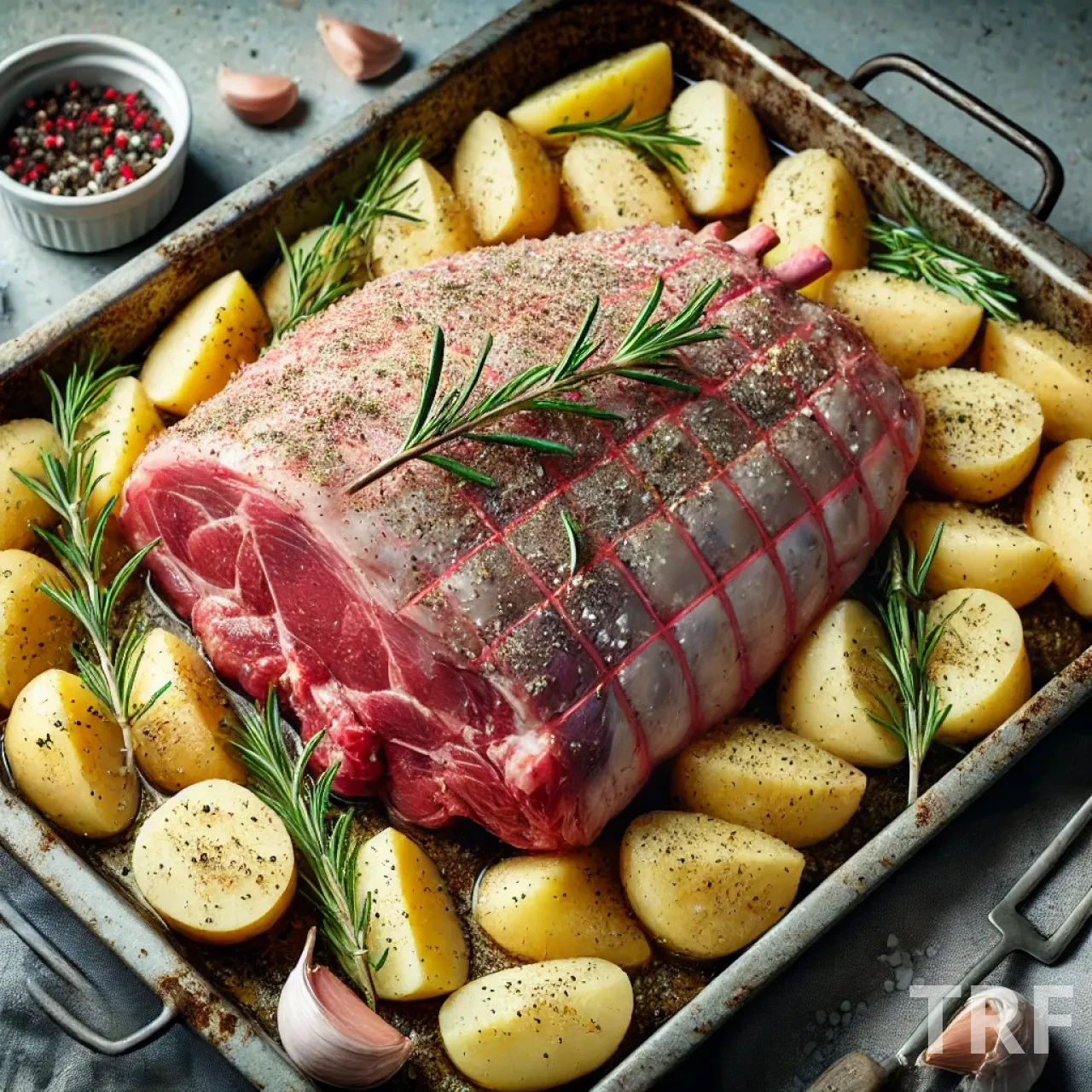 Épaule d'agneau en cuisson au four avec pommes de terre