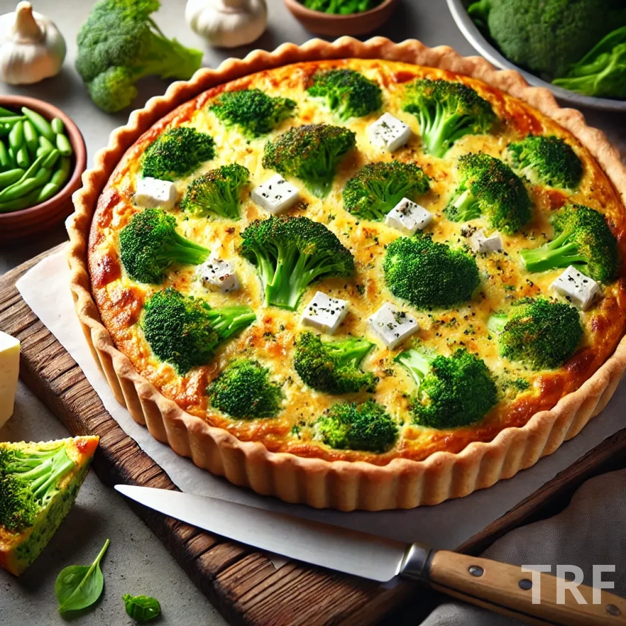 Quiche aux brocolis et fromage de chèvre servie