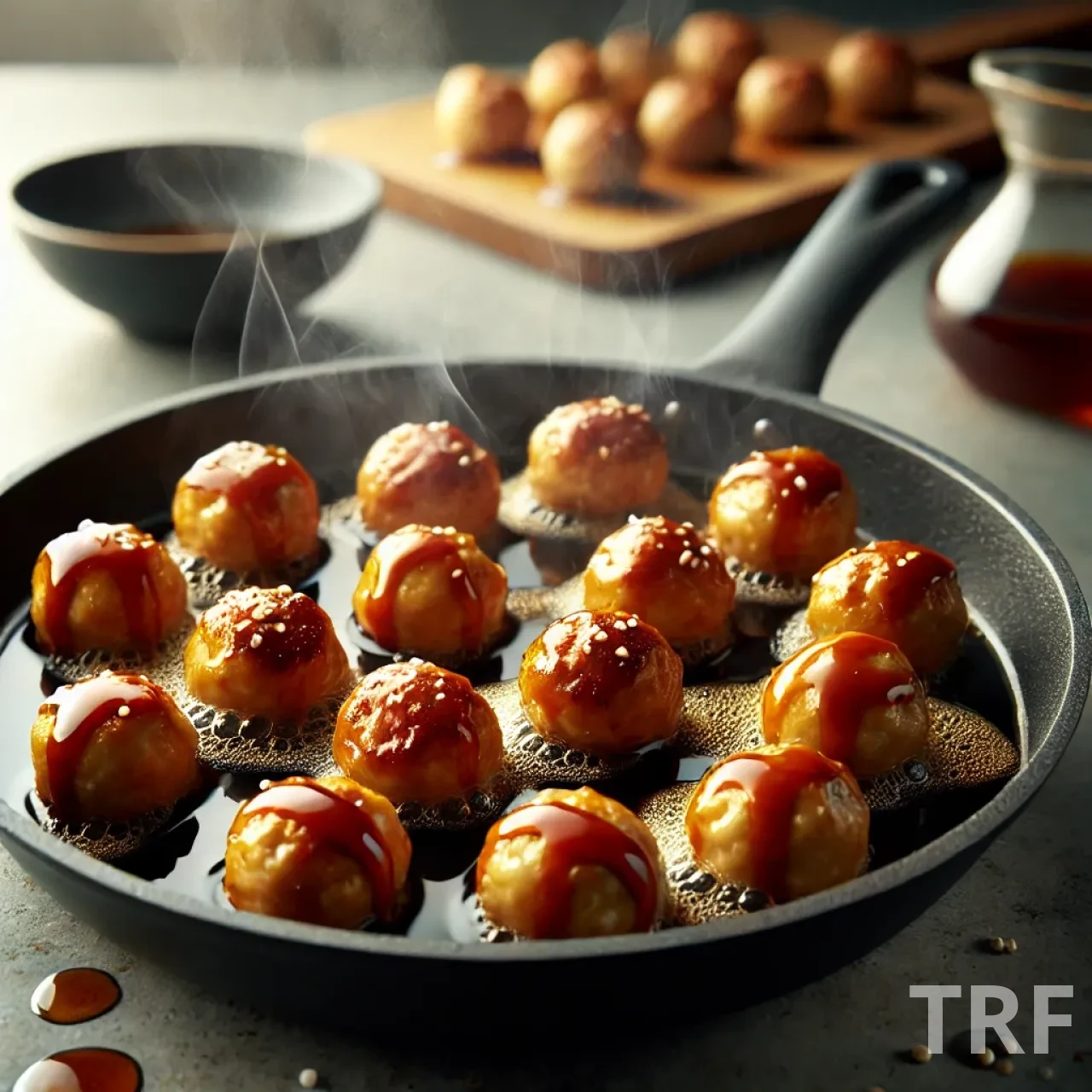 Cuisson des boulettes de poulet teriyaki dans une poêle