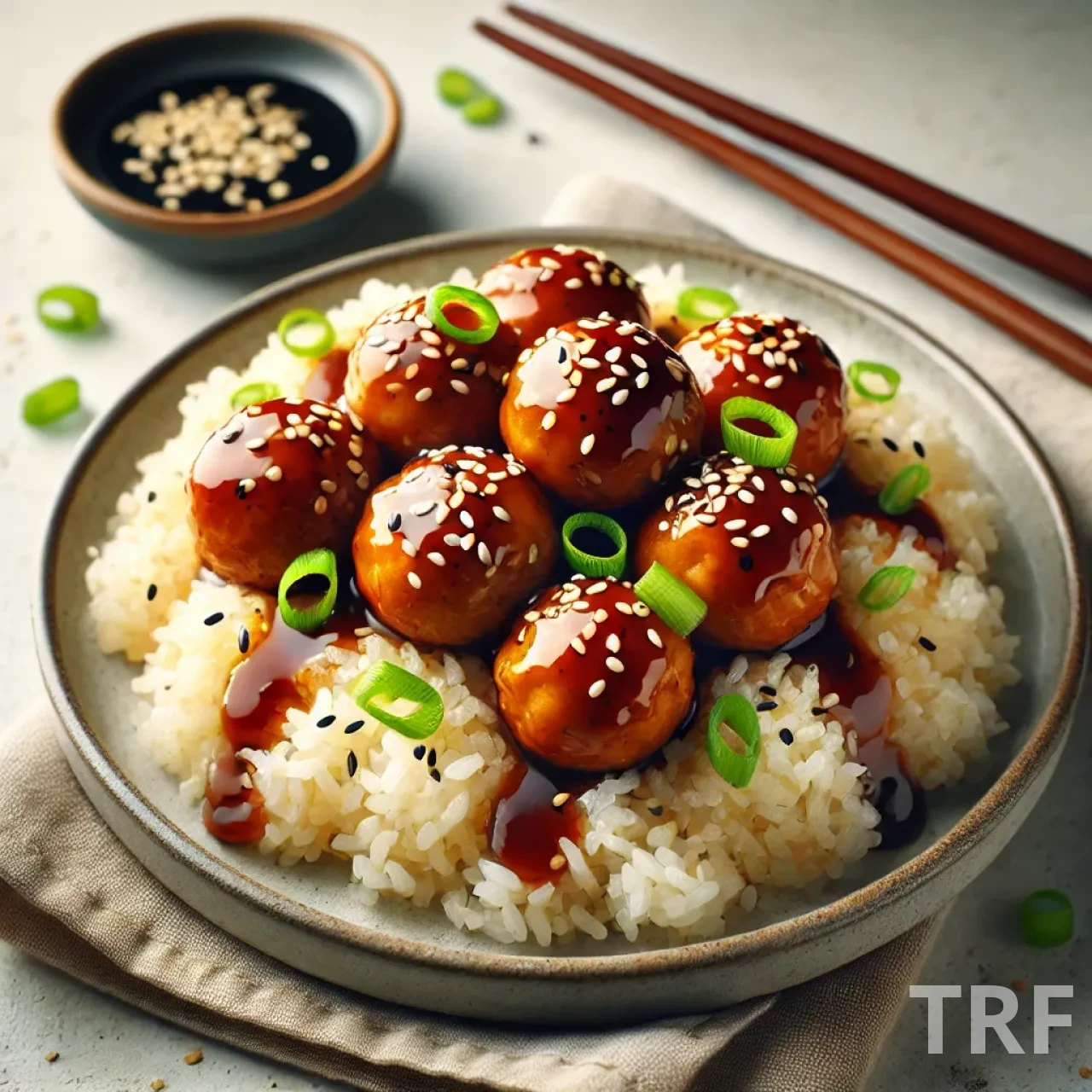 Boulettes de poulet teriyaki servies avec du riz gluant