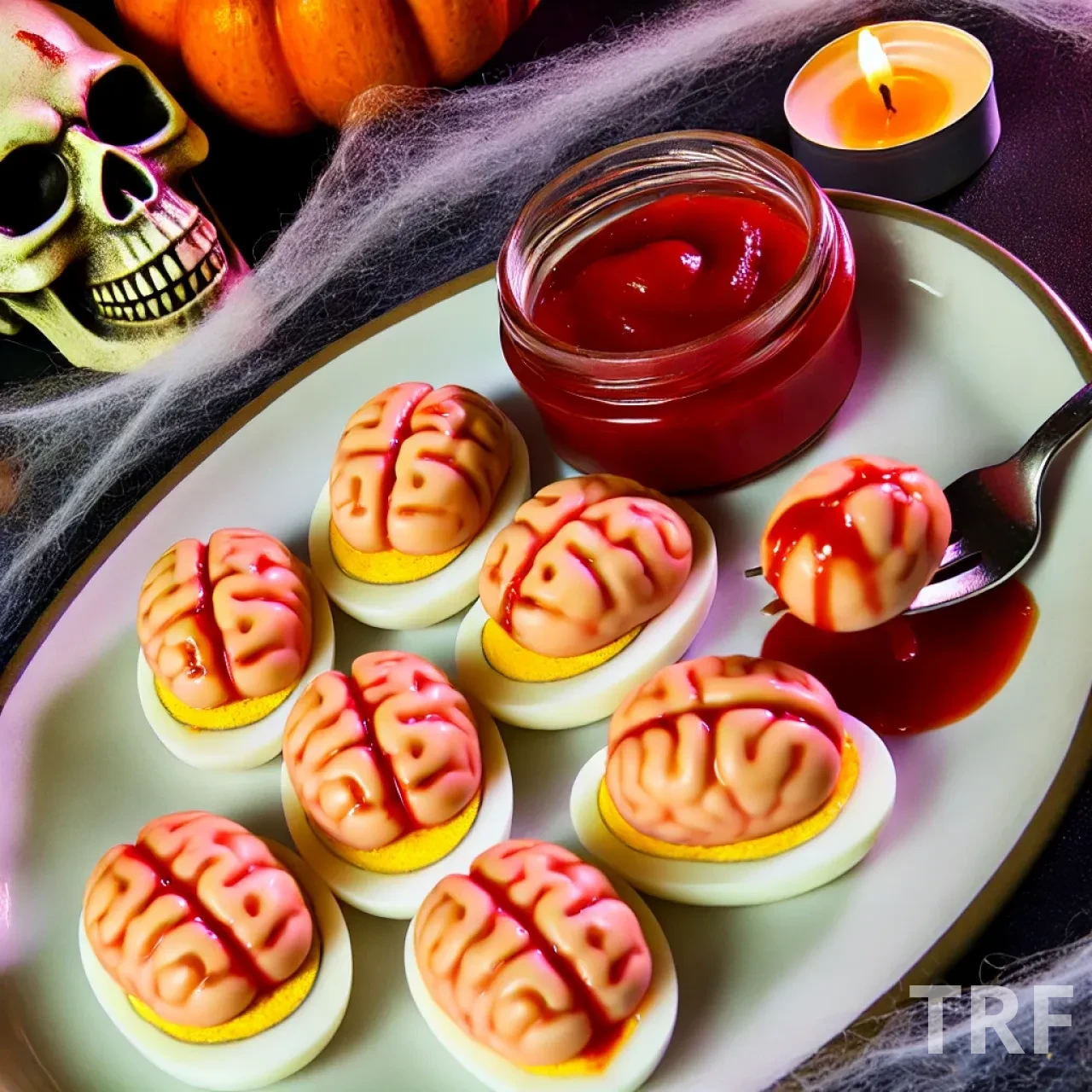 Oeufs Mimosa en forme de Cerveaux Sanglants pour Halloween