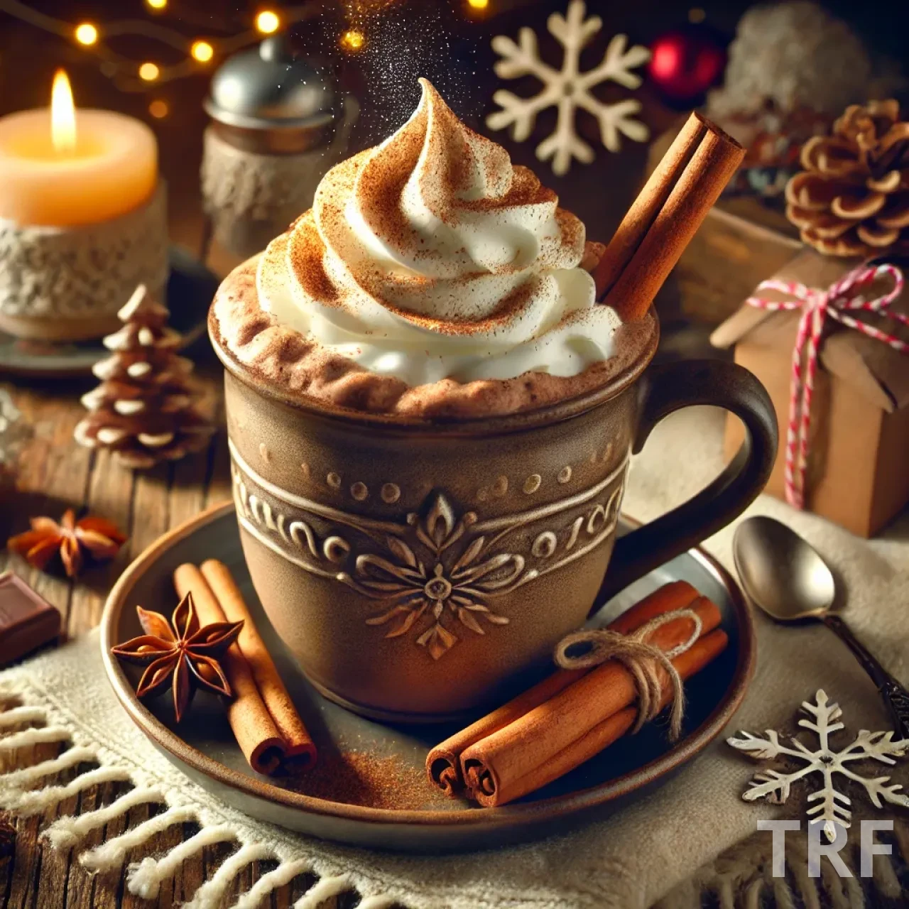 Chocolat chaud épicé servi dans une tasse avec de la cannelle