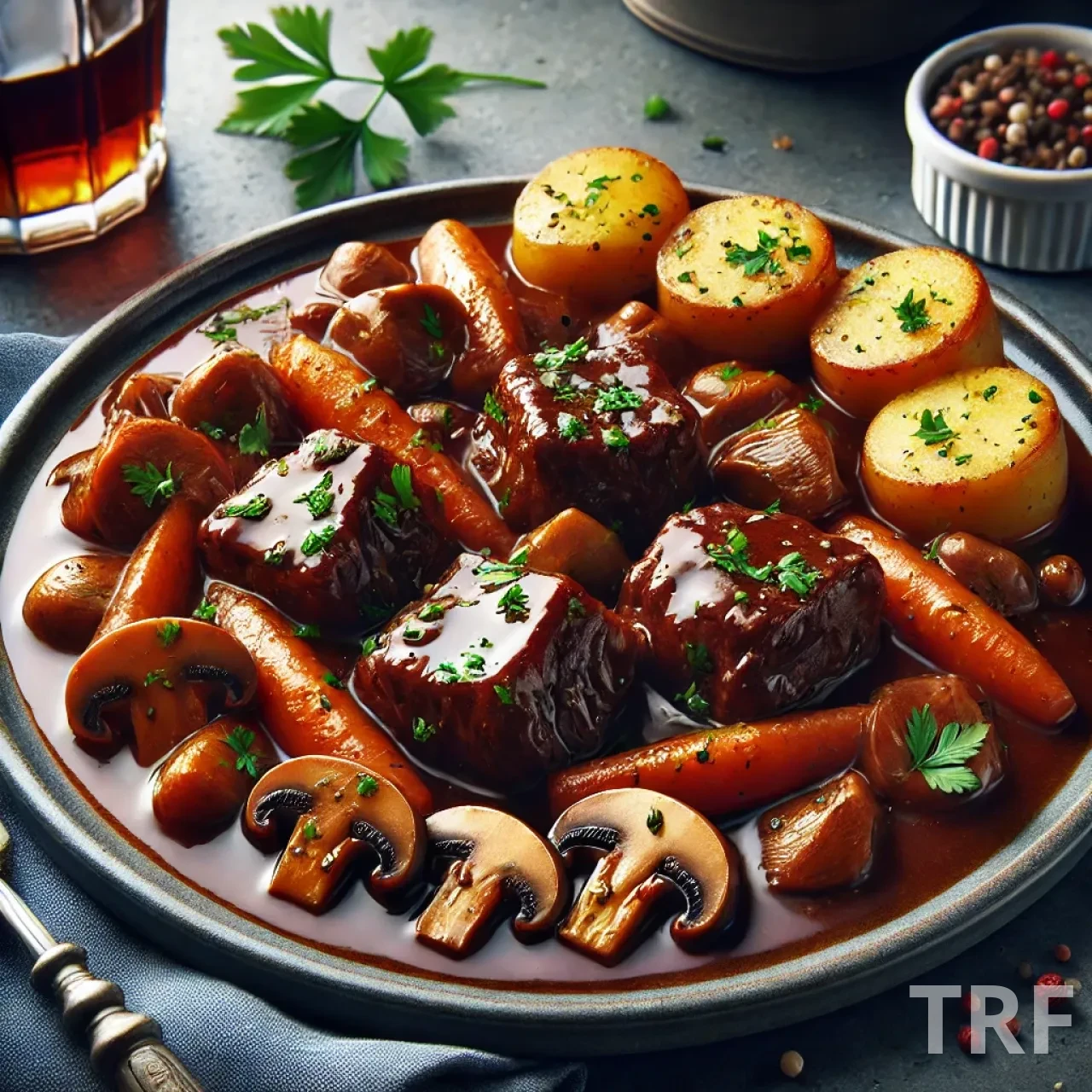 Bœuf Bourguignon, un plat traditionnel mijoté au vin rouge avec des légumes